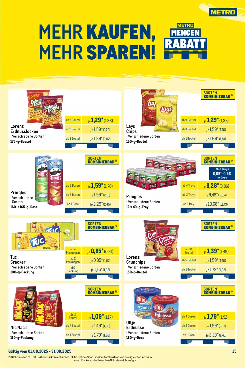 Aktueller Prospekt Metro - Monats-Mix - von 01.08 bis 31.08.2025 - strona 15 - produkty: angebot, beutel, chips, cracker, crunchips, dip, eis, erdnuss, erdnüsse, lack, lays, lorenz, lorenz crunchips, Lutscher, Metro, metro gastro, nuss, pringles, reis, ring, Ti, tiefpreis, tuc, ültje, ültje erdnüsse, wasser, wassereis