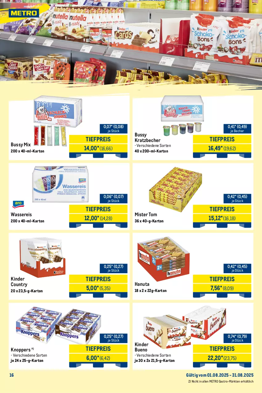Aktueller Prospekt Metro - Monats-Mix - von 01.08 bis 31.08.2025 - strona 16 - produkty: Becher, decke, Deckel, eis, hanuta, kaffee, Kinder, kinder bueno, kinder country, knoppers, leibniz, Metro, metro gastro, reis, sahne, Ti, tiefpreis, wasser, wassereis, zucker