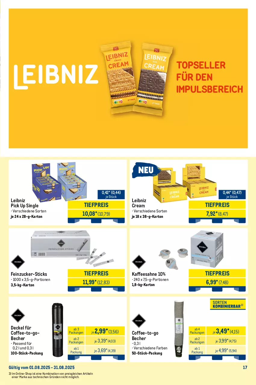 Aktueller Prospekt Metro - Monats-Mix - von 01.08 bis 31.08.2025 - strona 17 - produkty: Becher, decke, Deckel, eis, hanuta, kaffee, Kinder, kinder bueno, kinder country, knoppers, leibniz, Metro, metro gastro, reis, sahne, Ti, tiefpreis, wasser, wassereis, zucker