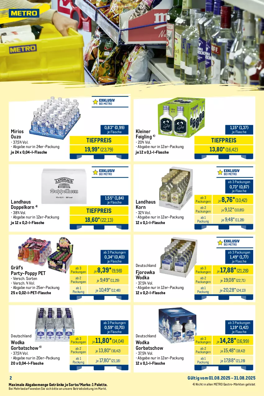 Aktueller Prospekt Metro - Monats-Mix - von 01.08 bis 31.08.2025 - strona 2 - produkty: chantré, cola, doppelkorn, eis, flasche, Germ, getränk, getränke, Gorbatschow, Havana Club, jack daniel, jägermeister, jim beam, kleiner feigling, korn, kräuter, kräuterlikör, kuemmerling, leine, likör, Meister, merl, Metro, metro gastro, ouzo, Palette, pet-flasche, pfeffer, pfefferminzlikör, Popp, reis, Ti, tiefpreis, wein, weinbrand, wodka