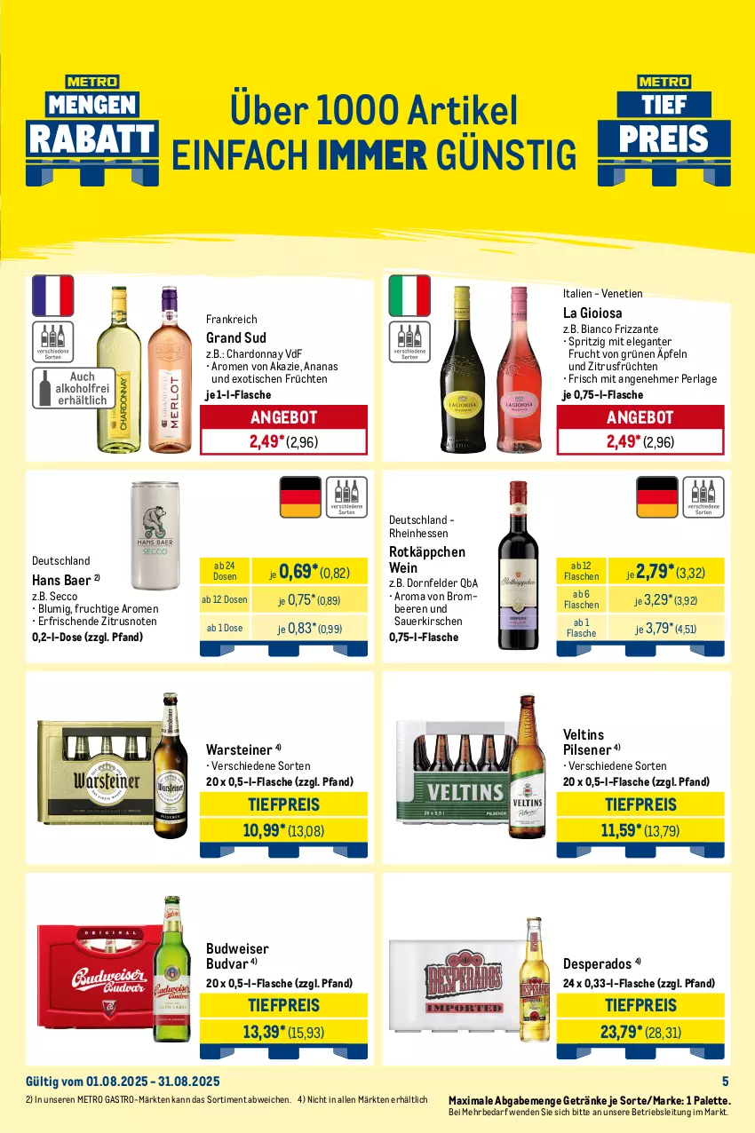 Aktueller Prospekt Metro - Monats-Mix - von 01.08 bis 31.08.2025 - strona 5 - produkty: ananas, angebot, auer, bacardi, beere, beeren, brombeere, brombeeren, budweiser, caipirinha, Cap, captain morgan, chardonnay, cocktail, cocktails, cola, desperados, dornfelder, ecco, eis, flasche, frizzante, frucht, früchte, früchten, getränk, getränke, gin, Gorbatschow, gordon, gordons, grand sud, kirsch, kirsche, kirschen, La Gioiosa, Metro, metro gastro, mojito, Palette, perla, pils, pilsener, reis, rotkäppchen, rum, sauerkirschen, Sierra, steiner, Ti, tiefpreis, tisch, tonic, veltins, veltins pilsener, warsteiner, wein, white rum, wodka