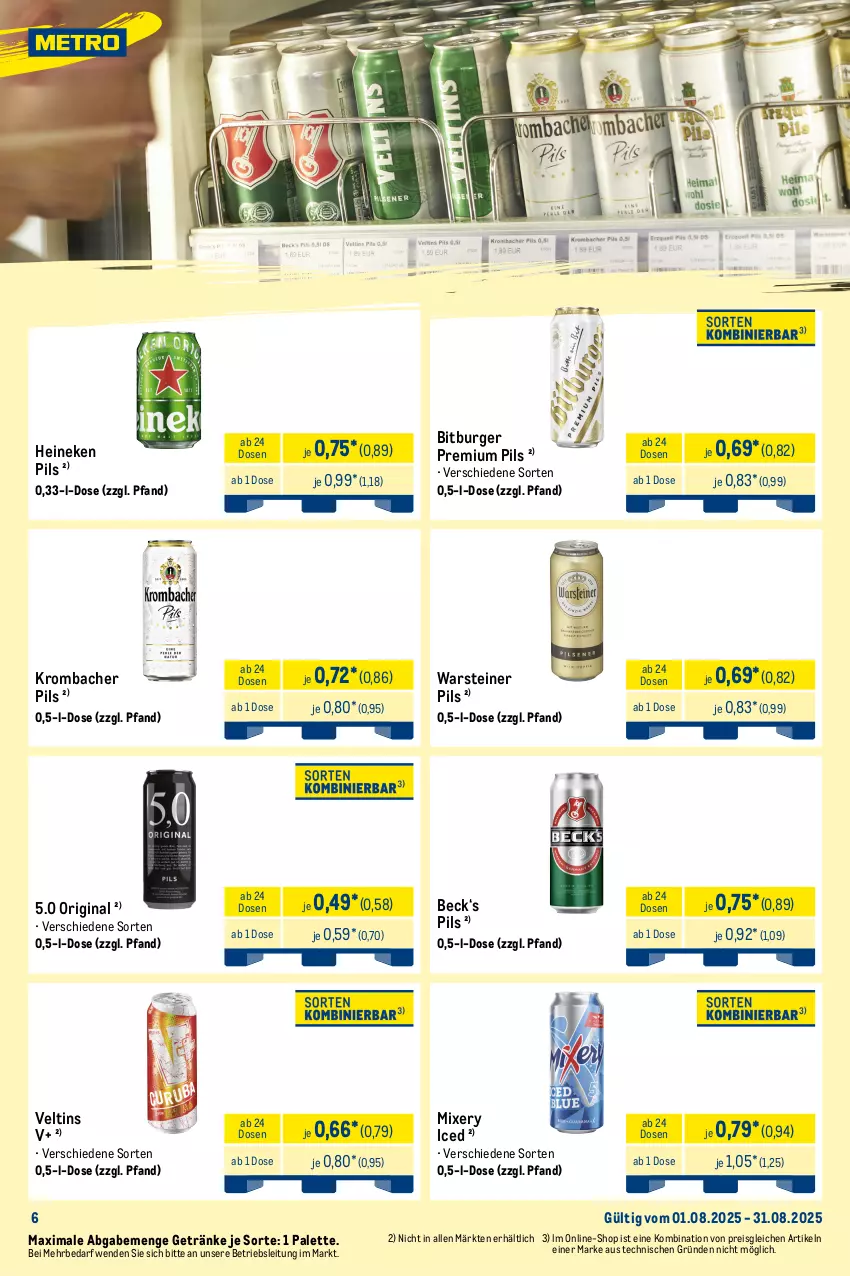 Aktueller Prospekt Metro - Monats-Mix - von 01.08 bis 31.08.2025 - strona 6 - produkty: alkohol, alkoholfreie getränke, angebot, angebote, bier, Biere, bitburger, burger, decke, desperados, eis, flasche, getränk, getränke, gin, heineken, karlsberg, karlsberg mixery, krombache, krombacher, krombacher pils, Metro, Mixer, mixery, Palette, pils, pilsener, premium pils, reis, steiner, tequila, Ti, veltins, warsteiner