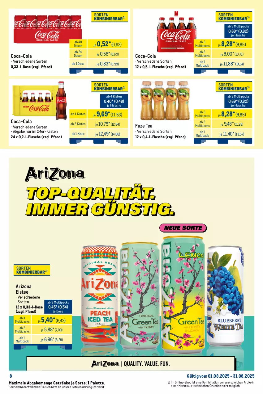 Aktueller Prospekt Metro - Monats-Mix - von 01.08 bis 31.08.2025 - strona 8 - produkty: adelholzener, coca-cola, cola, durstlöscher, eis, eistee, flasche, frucht, fruchtsaft, fruchtsaftgetränk, fuze tea, getränk, getränke, Holz, lipton, Palette, pfanne, Pfanner, reis, saft, tee, Ti, tiefpreis