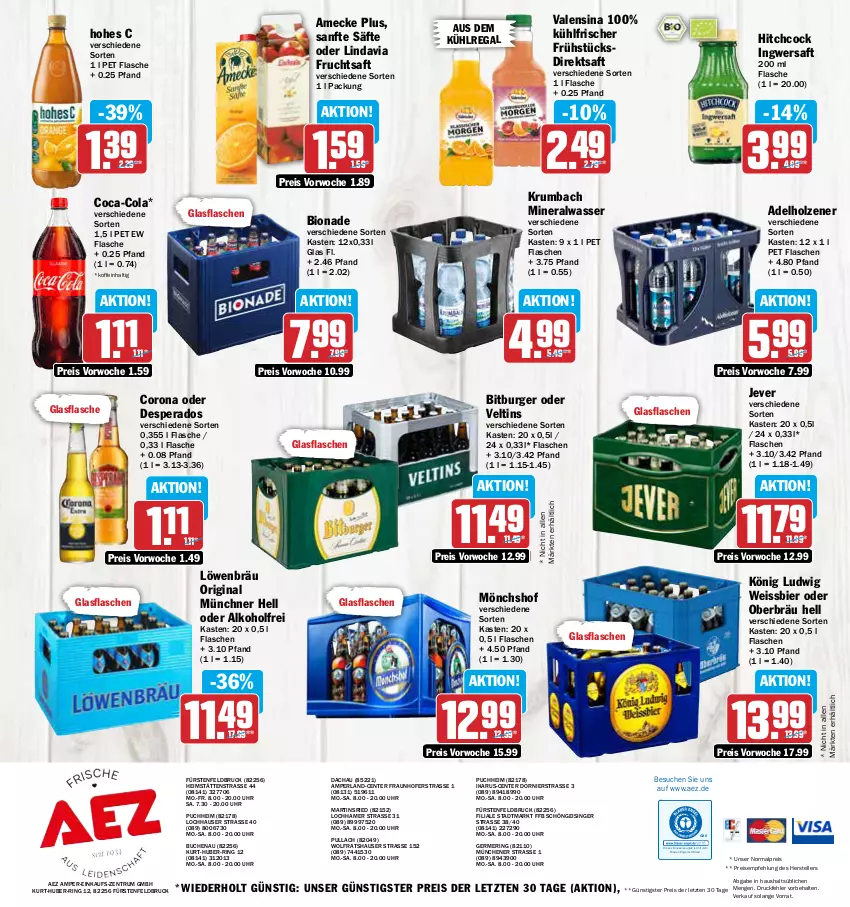 Aktueller Prospekt Aez - Prospekte - von 13.11 bis 18.11.2023 - strona 16 - produkty: adelholzener, AEZ, alkohol, Alwa, amecke, aus dem kühlregal, bier, bio, bionade, bitburger, buch, burger, coca-cola, cola, corona, desperados, direktsaft, drucker, eis, elle, Engel, ente, fisch, flasche, frucht, fruchtsaft, Germ, gin, glasflasche, Hohes C, Holz, ingwer, jever, kerze, krumbach, kühlregal, mineralwasser, mönchshof, perla, regal, reis, ring, rum, saft, säfte, teller, Ti, uhr, valensina, veltins, wasser, weissbier, ZTE