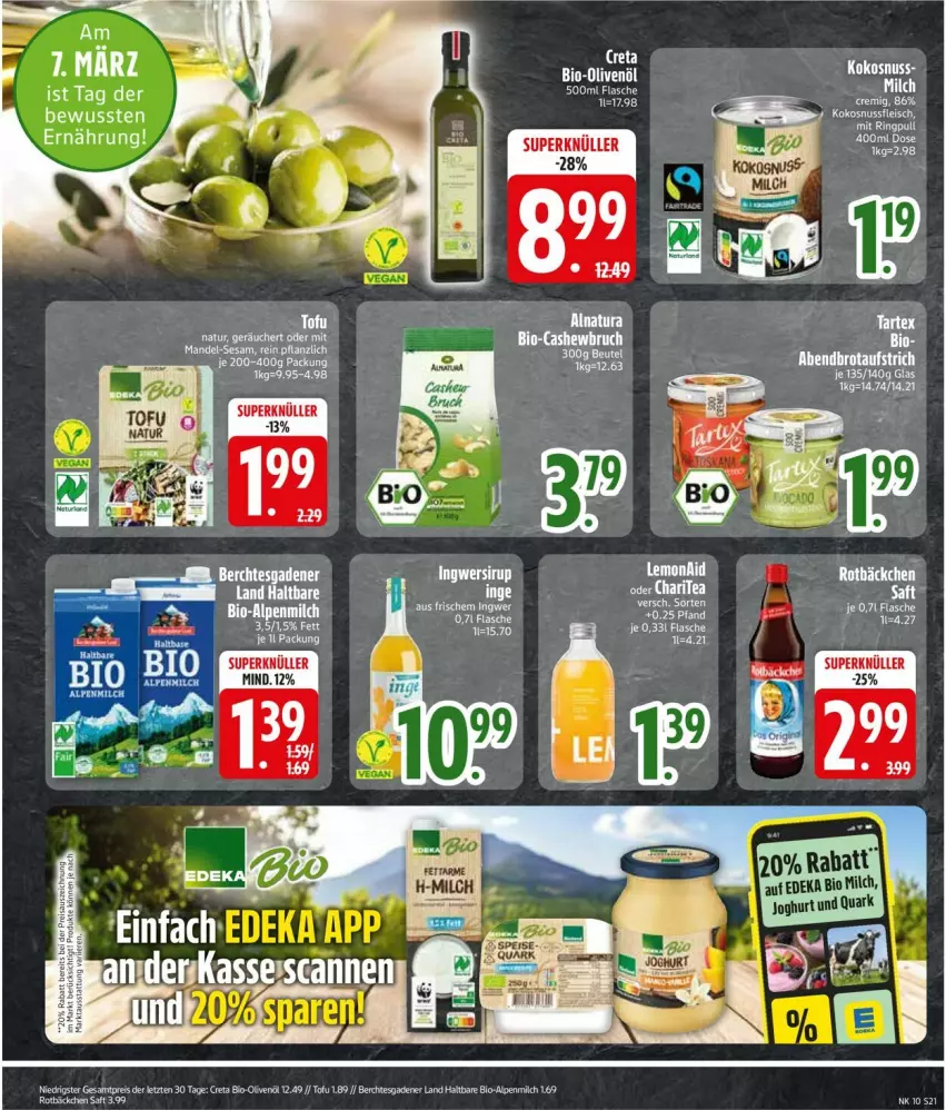 Aktueller Prospekt Edeka - Prospekte - von 02.03 bis 07.03.2026 - strona 21 - produkty: alpenmilch, aufstrich, bio, brot, brotaufstrich, eis, ingwer, joghur, joghurt, mandel, milch, olive, oliven, quark, reis, saft, sesam, sirup, Tofu, ZTE