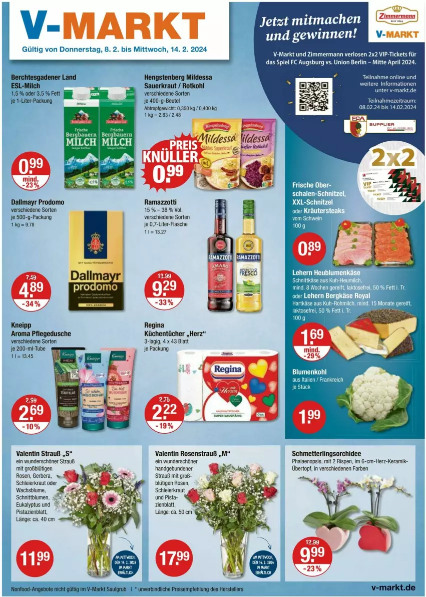 Aktueller Prospekt Vmarkt - Prospekte - von 08.02 bis 14.02.2024 - strona 1 - produkty: auer, beutel, blume, blumen, blumenkohl, dallmayr, dallmayr prodomo, dusche, eier, flasche, Gerber, gin, hartkäse, Heu, heumilch, Käse, kneipp, Kraut, kräuter, küche, Küchen, küchentücher, Mett, milch, oder kräuter, orchidee, pflegedusche, phalaenopsis, pistazien, pril, prodomo, rama, ramazzott, ramazzotti, rosen, Rosenstrauß, rotkohl, Sauerkraut, Schal, Schale, Schmetterling, schmetterlingsorchidee, schnittkäse, schnitzel, Ti, topf, tücher, übertopf, zott