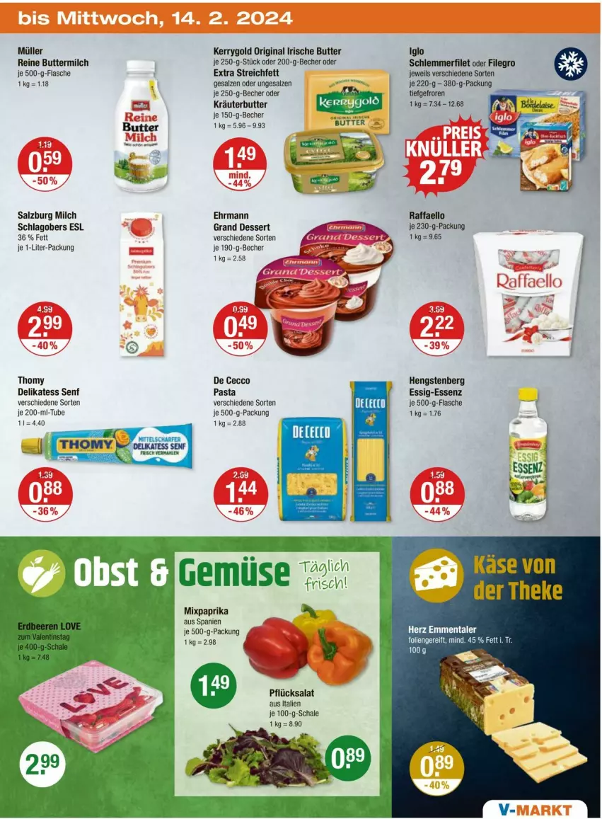 Aktueller Prospekt Vmarkt - Prospekte - von 08.02 bis 14.02.2024 - strona 23 - produkty: Becher, butter, buttermilch, De Cecco, delikatess senf, dessert, ecco, ehrmann, emmentaler, essig, filegro, filet, flasche, gin, hengstenberg, iglo, irische butter, kerrygold, kräuter, kräuterbutter, milch, Müller, paprika, pasta, raffaello, reine buttermilch, salat, salz, Schal, Schale, schlemmerfilet, senf, thomy, Ti