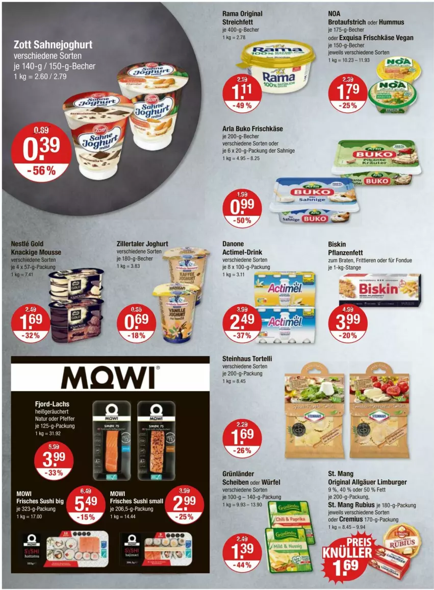 Aktueller Prospekt Vmarkt - Prospekte - von 08.02 bis 14.02.2024 - strona 6 - produkty: actimel, arla, arla buko, aufstrich, Becher, braten, brot, brotaufstrich, Buko, burger, danone, drink, exquisa, exquisa frischkäse, Fondue, frischkäse, gin, grünländer, hummus, joghur, joghurt, Käse, lachs, LG, Limburger, pflanze, pflanzen, Pflanzenfett, rama, Rubius, St. Mang, steinhaus, Sushi, tee, Ti, Tiere, torte, würfel