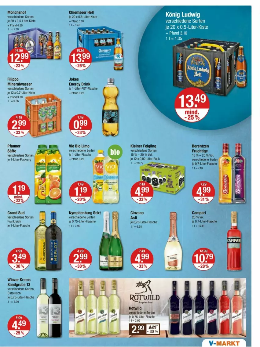 Aktueller Prospekt Vmarkt - Prospekte - von 08.02 bis 14.02.2024 - strona 9 - produkty: Alwa, asti, berentzen, bio, bio limo, campari, cin, cinzano, drink, energy drink, flasche, frucht, grand sud, je 1-liter-flasche, kleiner feigling, leine, limo, mineralwasser, mönchshof, pet-flasche, pfanne, Pfanner, säfte, sekt, Ti, vio bio limo, wasser, Wild