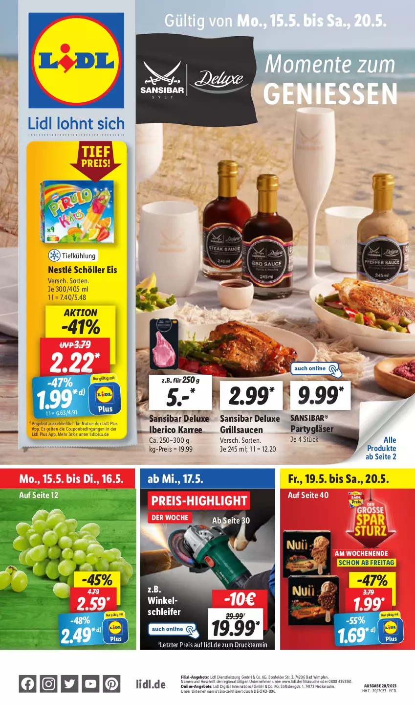 Aktueller Prospekt Lidl - Aktionsprospekt - von 15.05 bis 20.05.2023 - strona 1 - produkty: angebot, angebote, Bad, bio, coupon, eis, ente, Gläser, grill, grillsauce, Iberico Karree, nestlé, nestlé schöller, reis, sauce, saucen, Schöller, Ti, Winkelschleifer, ZTE