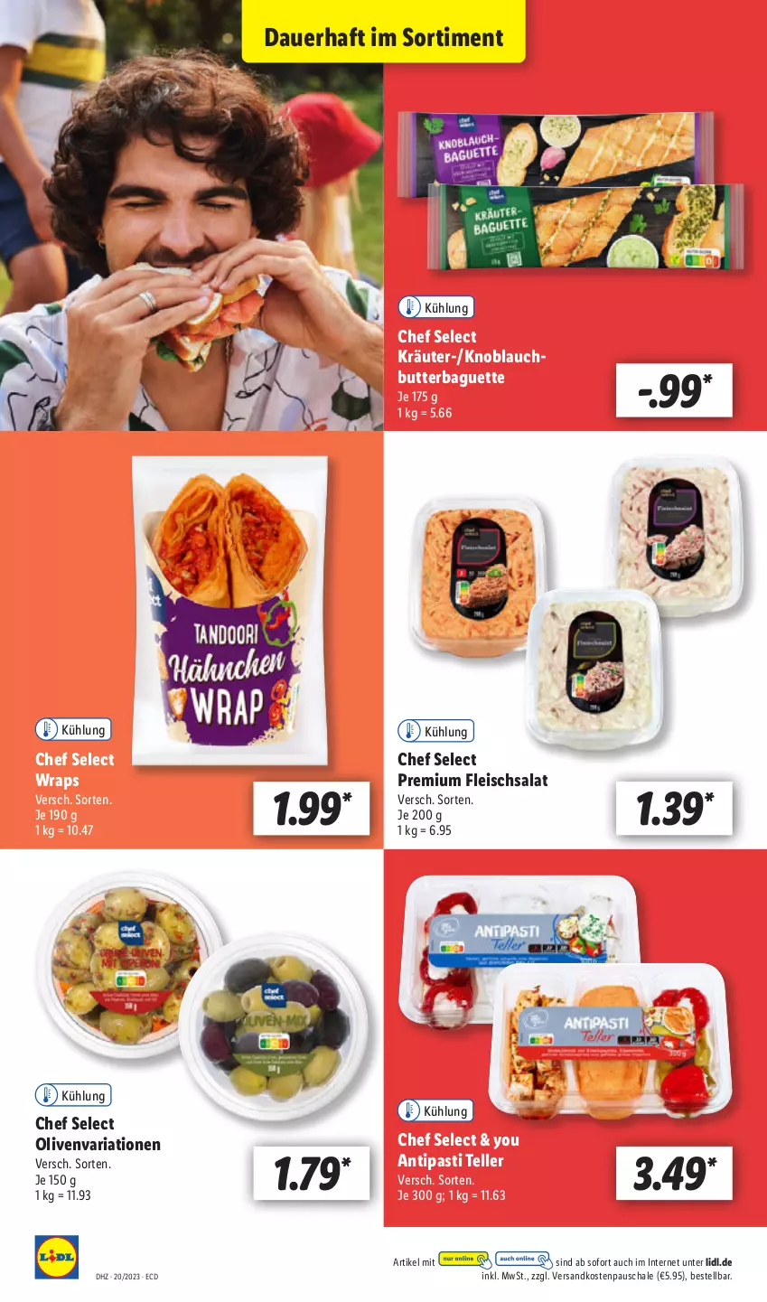 Aktueller Prospekt Lidl - Aktionsprospekt - von 15.05 bis 20.05.2023 - strona 14 - produkty: antipasti, asti, auer, baguette, butter, eis, elle, fleisch, fleischsalat, knoblauch, Knoblauchbutter, kräuter, ndk, olive, oliven, Ria, salat, Schal, Schale, teller, Ti, wrap, wraps, Yo