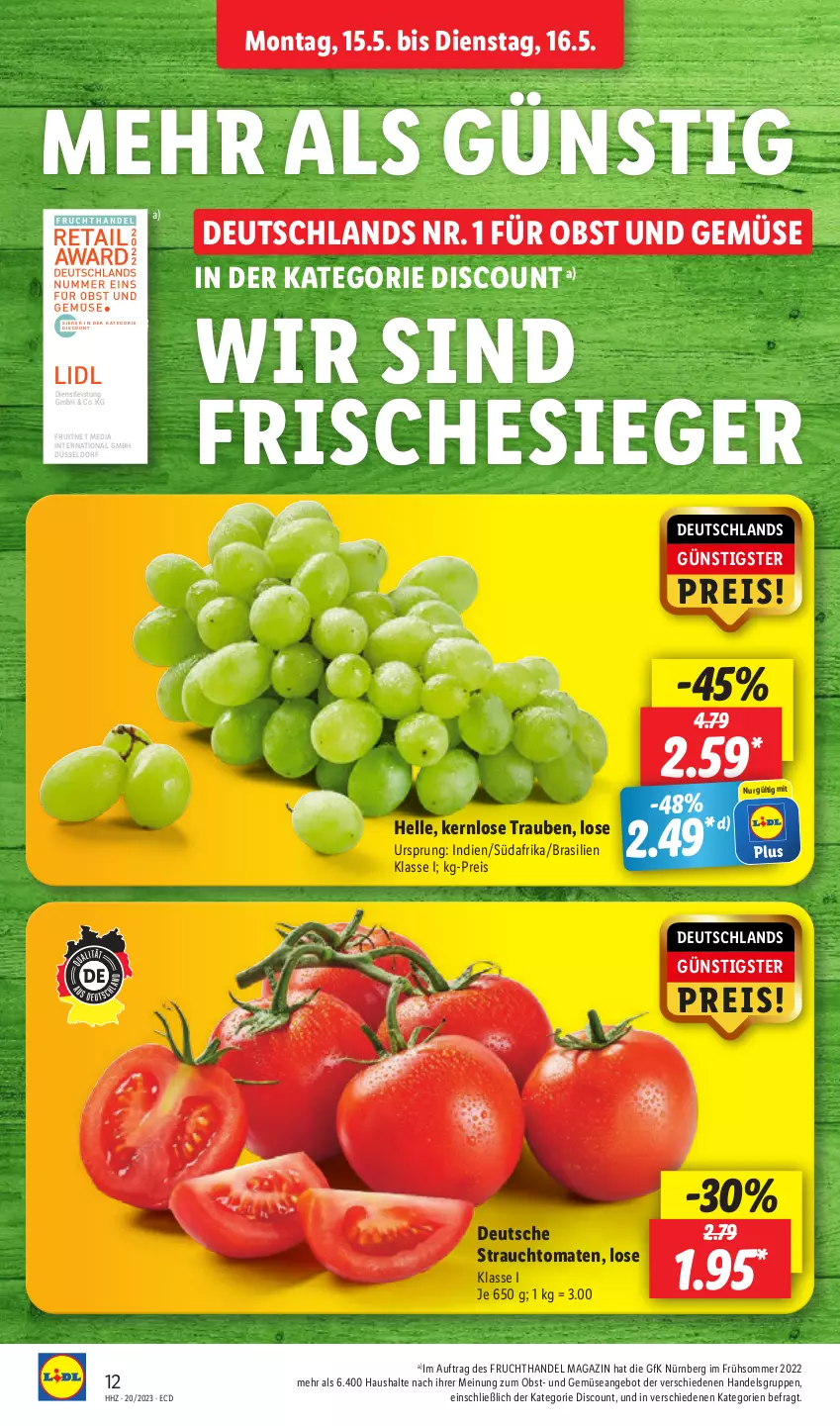 Aktueller Prospekt Lidl - Aktionsprospekt - von 15.05 bis 20.05.2023 - strona 16 - produkty: angebot, discount, eis, elle, ente, frucht, magazin, obst, Obst und Gemüse, Rauch, reis, strauchtomaten, Ti, tomate, tomaten, trauben, und gemüse