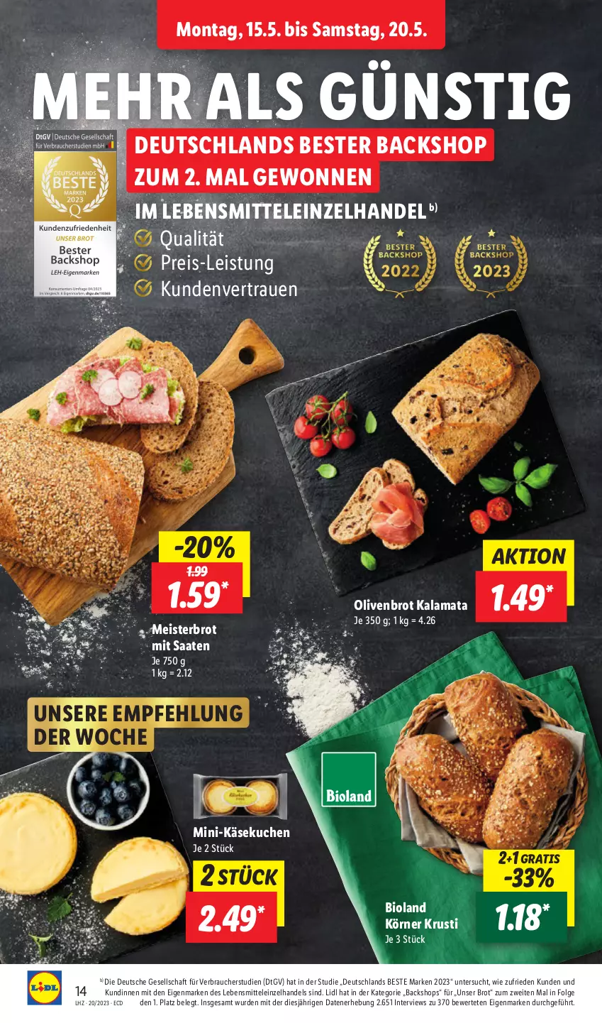 Aktueller Prospekt Lidl - Aktionsprospekt - von 15.05 bis 20.05.2023 - strona 18 - produkty: bio, bioland, brot, eis, Käse, käsekuchen, kuchen, lebensmittel, LG, Meister, olive, oliven, Rauch, reis, Ti