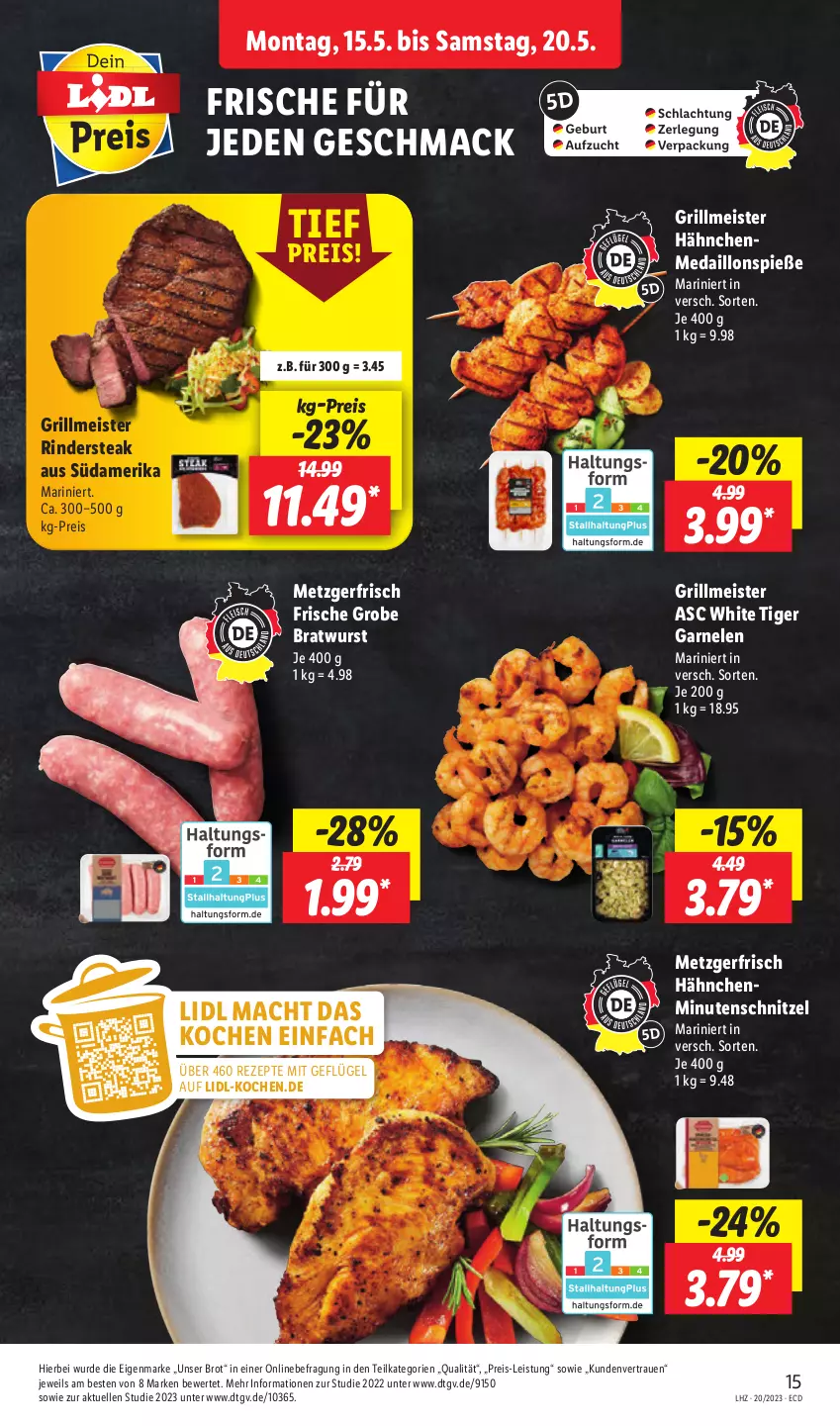 Aktueller Prospekt Lidl - Aktionsprospekt - von 15.05 bis 20.05.2023 - strona 19 - produkty: bratwurst, brot, eis, elle, garnelen, Geflügel, grill, grobe bratwurst, mac, medaillons, Meister, minutenschnitzel, reis, rezept, rezepte, rind, rinder, Rindersteak, schnitzel, steak, Ti, wurst