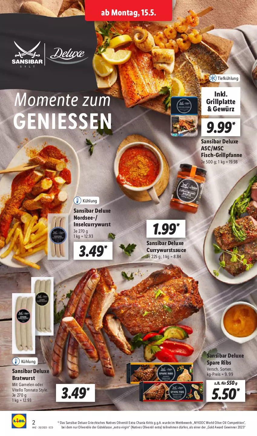 Aktueller Prospekt Lidl - Aktionsprospekt - von 15.05 bis 20.05.2023 - strona 2 - produkty: bratwurst, curry, currywurst, eis, ente, fisch, garnelen, gewürz, gin, grill, Grillpfanne, grillplatte, latte, natives olivenöl, Nordsee, olive, oliven, olivenöl, olivenöl extra, pfanne, reis, sauce, spare ribs, Ti, Vitello Tonnato, wurst