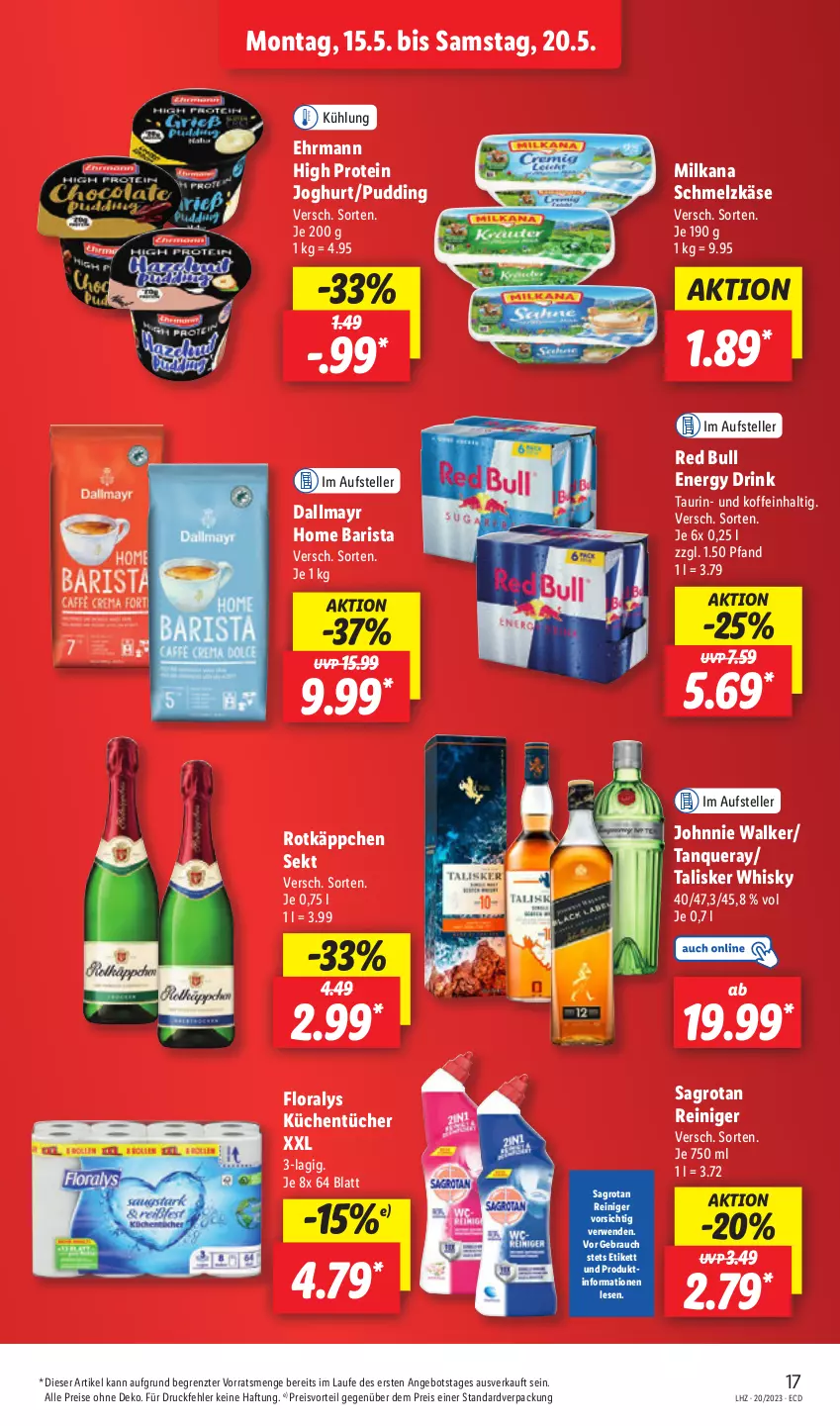 Aktueller Prospekt Lidl - Aktionsprospekt - von 15.05 bis 20.05.2023 - strona 21 - produkty: angebot, dallmayr, drink, ehrmann, eis, elle, energy drink, Floralys, joghur, joghurt, johnnie walker, Käse, küche, Küchen, küchentücher, milka, milkana, preisvorteil, pudding, Rauch, red bull, reiniger, reis, rotkäppchen, rwe, sagrotan, Schmelzkäse, sekt, Tanqueray, teller, Ti, tücher, whisky, ZTE