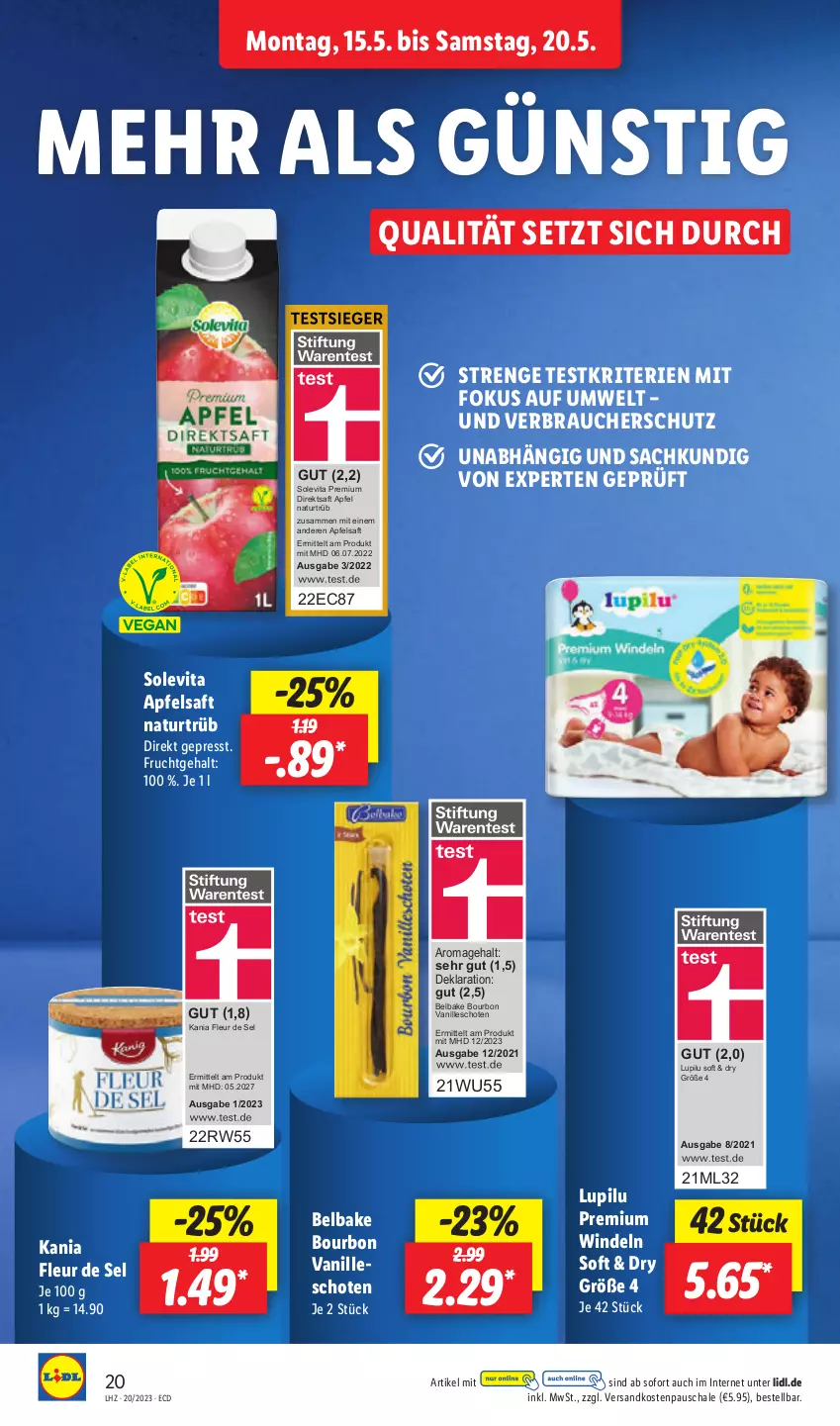 Aktueller Prospekt Lidl - Aktionsprospekt - von 15.05 bis 20.05.2023 - strona 24 - produkty: apfel, apfelsaft, bourbon, bourbon vanille, direktsaft, frucht, lupilu, natur, ndk, Rauch, sac, saft, Schal, Schale, Ti, vanille, vita, windeln