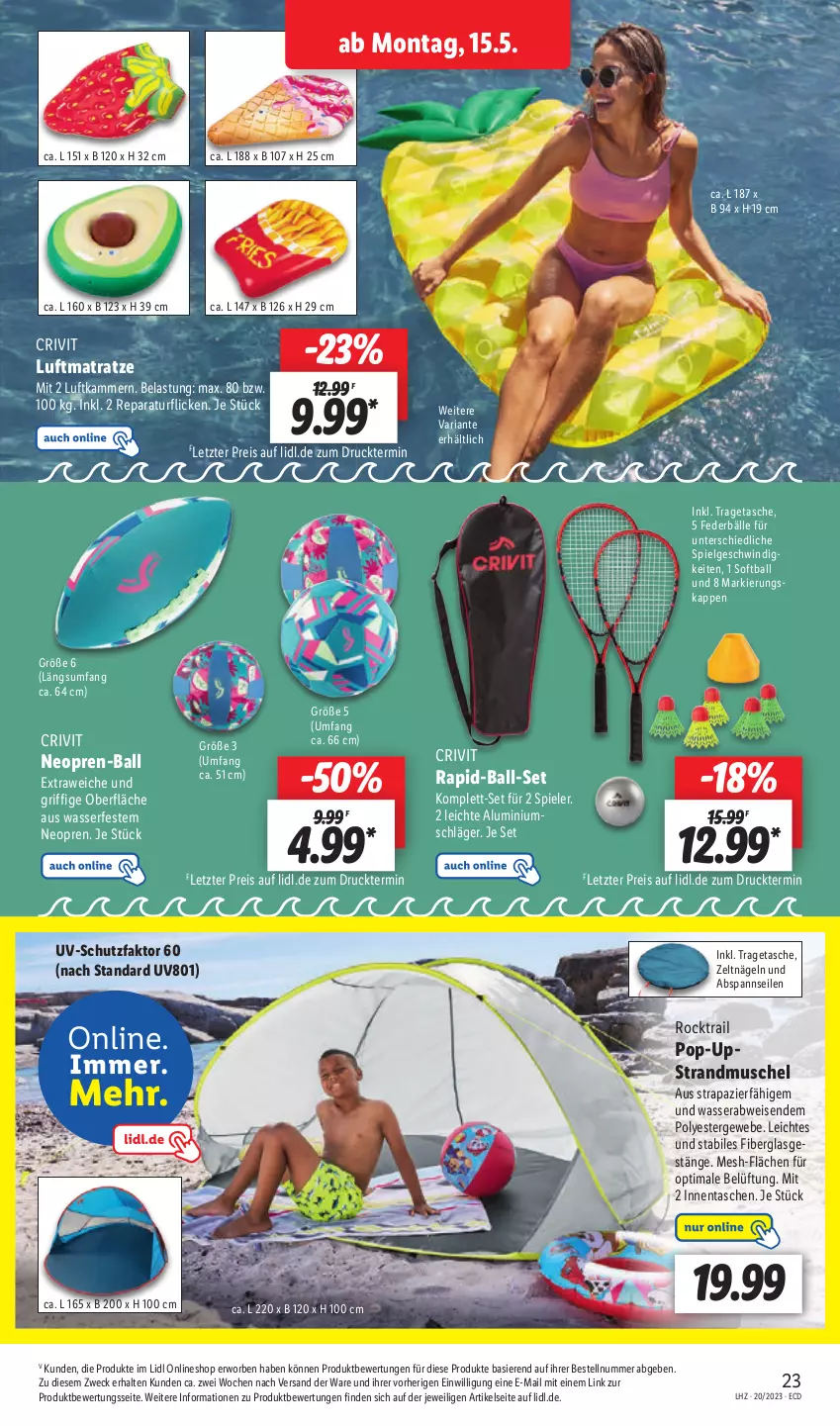 Aktueller Prospekt Lidl - Aktionsprospekt - von 15.05 bis 20.05.2023 - strona 27 - produkty: ball, crivit, eis, LG, luftmatratze, matratze, reis, Ria, Spiele, Tasche, taschen, Ti, tragetasche, uv-schutz, wasser, weck, Zelt, ZTE