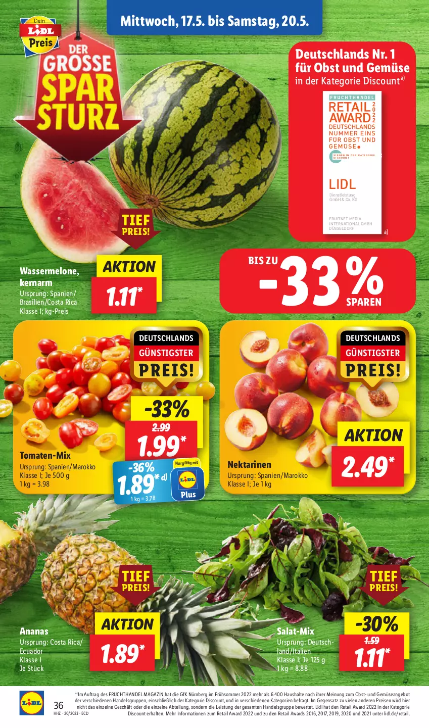 Aktueller Prospekt Lidl - Aktionsprospekt - von 15.05 bis 20.05.2023 - strona 40 - produkty: Abtei, ananas, angebot, discount, eis, ente, frucht, magazin, melone, Nektar, nektarinen, obst, Obst und Gemüse, reis, salat, Ti, tomate, tomaten, und gemüse, wasser, wassermelone