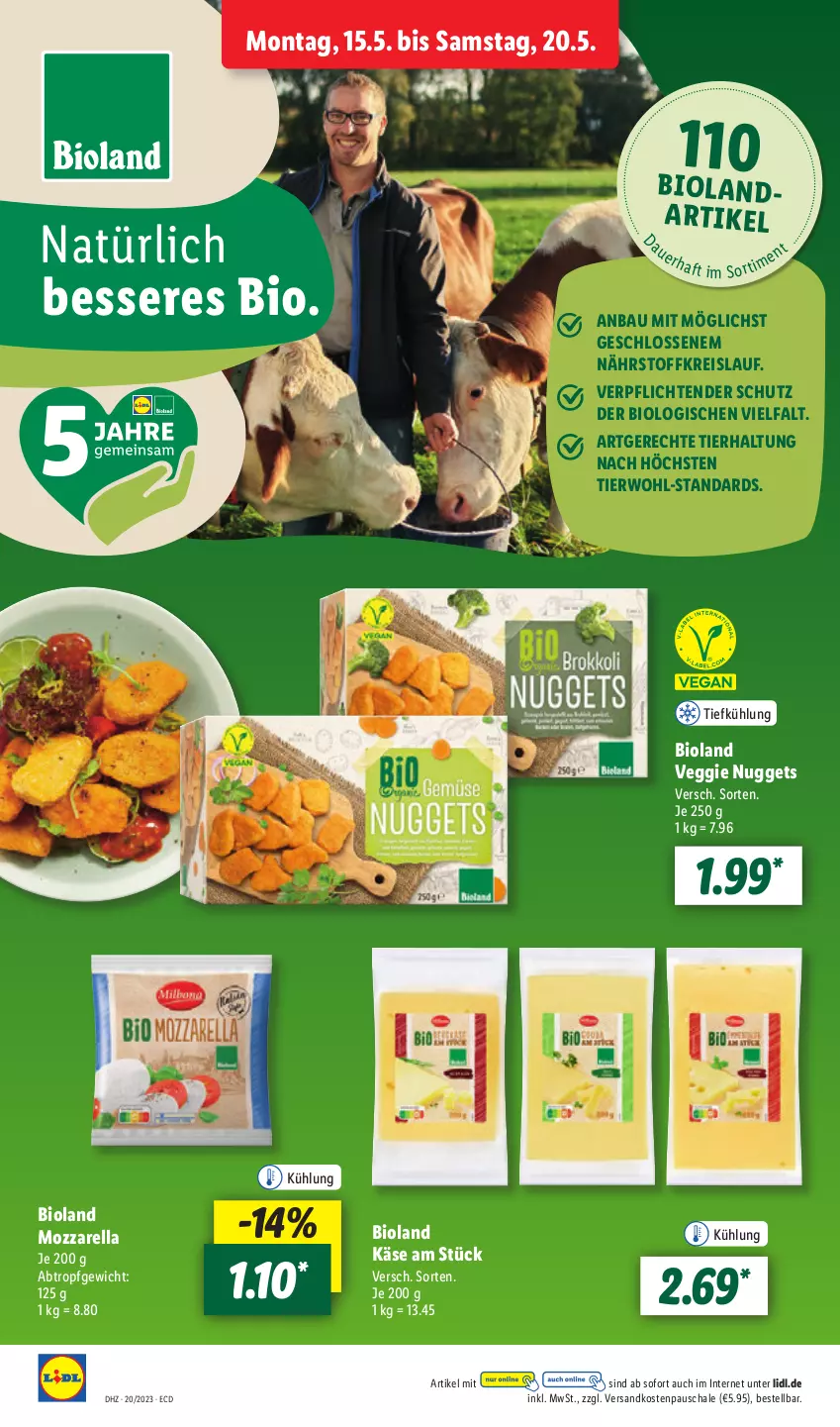 Aktueller Prospekt Lidl - Aktionsprospekt - von 15.05 bis 20.05.2023 - strona 44 - produkty: Bau, bio, bioland, eis, Käse, mozzarella, ndk, nuggets, reis, rel, Schal, Schale, tender, Ti, veggie