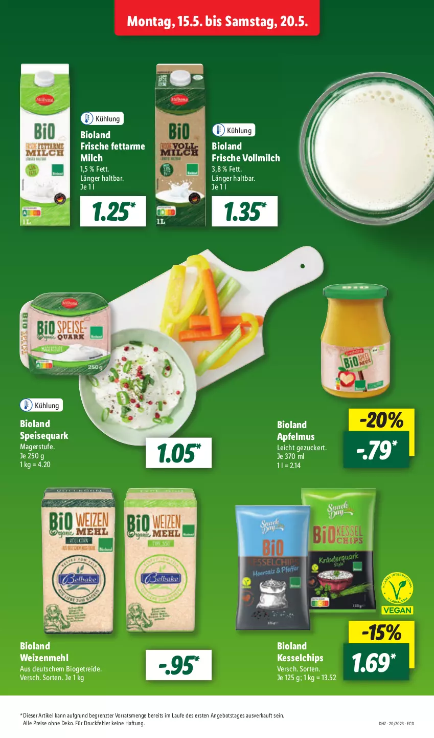 Aktueller Prospekt Lidl - Aktionsprospekt - von 15.05 bis 20.05.2023 - strona 45 - produkty: angebot, apfel, apfelmus, bio, bioland, chips, eis, mehl, milch, quark, reis, speisequark, Ti, vollmilch, weizenmehl, ZTE, zucker