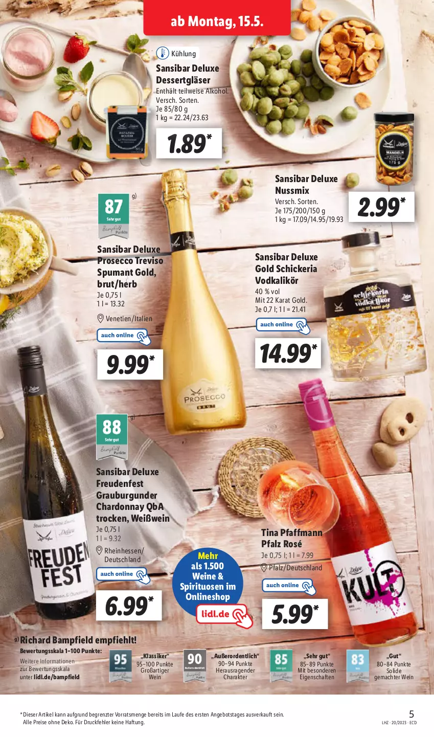 Aktueller Prospekt Lidl - Aktionsprospekt - von 15.05 bis 20.05.2023 - strona 5 - produkty: alkohol, angebot, brut, burgunder, chardonnay, dessert, ecco, eis, Gläser, grauburgunder, likör, mac, nuss, Nussmix, prosecco, puma, reis, Ria, spirituosen, Ti, vodka, wein, weine, Weißwein, ZTE