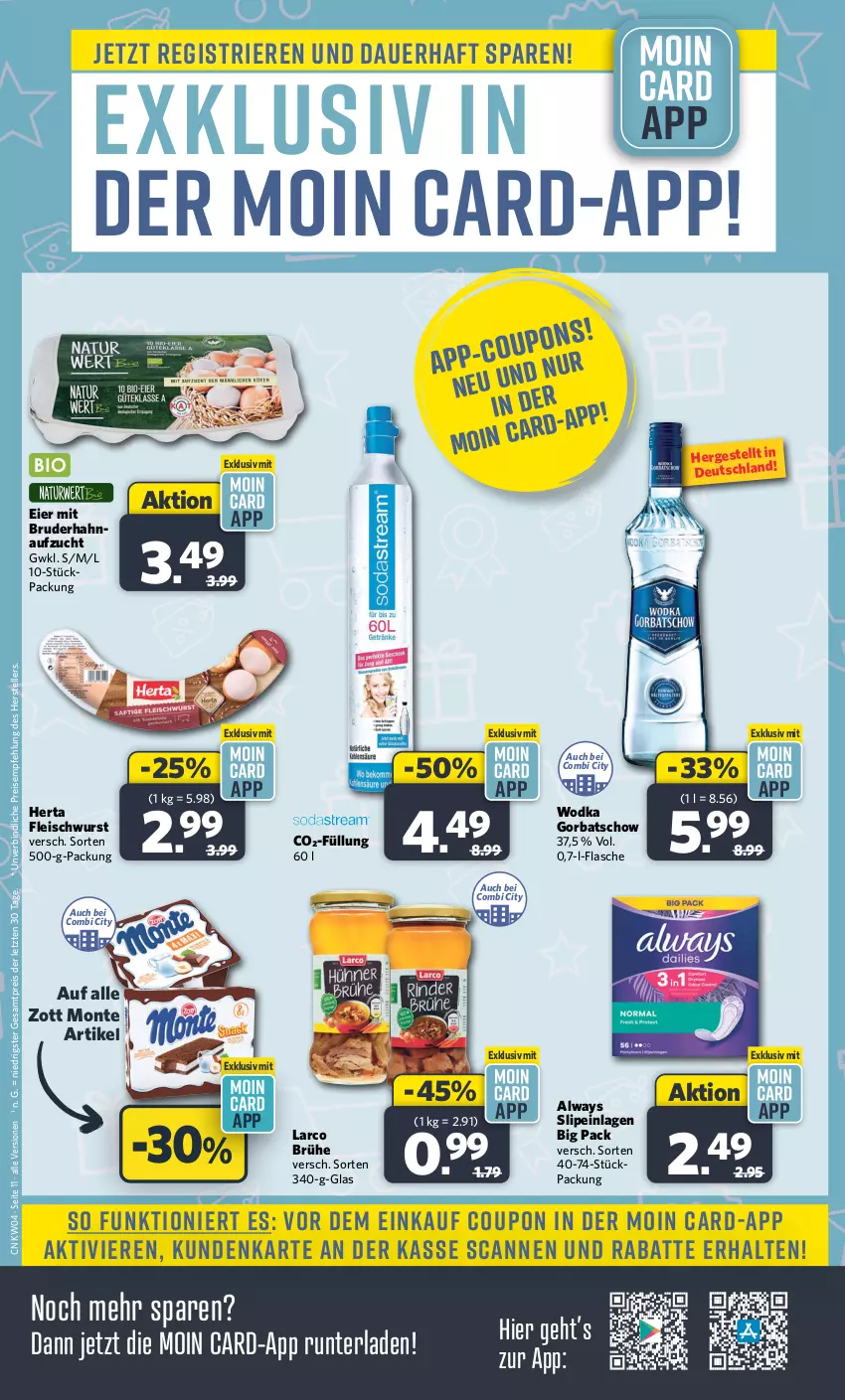 Aktueller Prospekt Combi - Prospekte - von 22.01 bis 27.01.2024 - strona 11 - produkty: Alwa, Always, auer, Brühe, coupon, eier, eis, elle, flasche, fleisch, fleischwurst, Gorbatschow, herta, monte, reis, slip, slipeinlagen, teller, Ti, wodka, wurst, zott, Zott Monte, ZTE