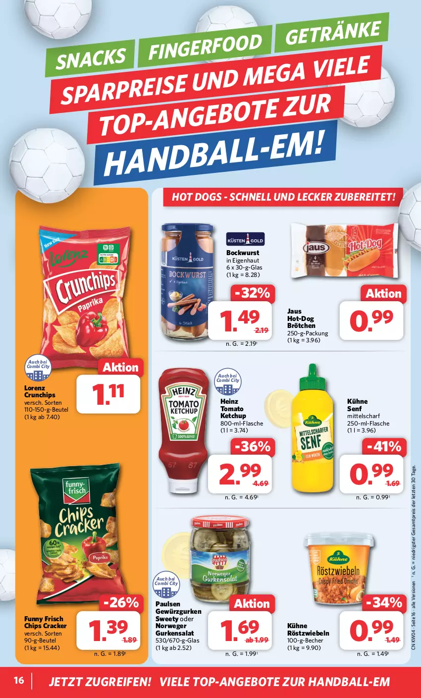 Aktueller Prospekt Combi - Prospekte - von 22.01 bis 27.01.2024 - strona 16 - produkty: angebot, angebote, ball, Becher, beutel, bockwurst, brötchen, chips, cracker, crunchips, eis, flasche, Funny Frisch, getränk, getränke, gewürz, Gewürzgurke, gewürzgurken, gurke, gurken, gurkensalat, heinz, hot dog, ketchup, Kühne, kühne senf, lorenz, lorenz crunchips, reifen, reis, röstzwiebeln, rwe, salat, senf, snack, snacks, Ti, tomato ketchup, top-angebot, wurst, ZTE, zwiebel, zwiebeln