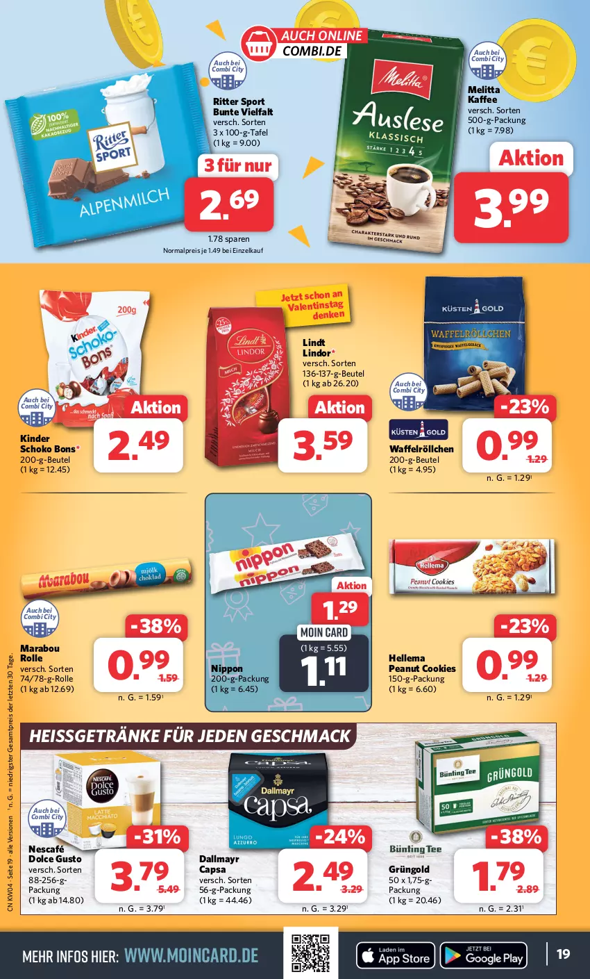 Aktueller Prospekt Combi - Prospekte - von 22.01 bis 27.01.2024 - strona 19 - produkty: beutel, Cap, cookie, cookies, dallmayr, dallmayr capsa, dolce gusto, eis, elle, getränk, getränke, kaffee, Kinder, lindor, lindt, mac, Marabou, melitta, Nescafé, nippon, reis, ritter, ritter sport, schoko, Sport, Ti, Waffelröllchen, ZTE