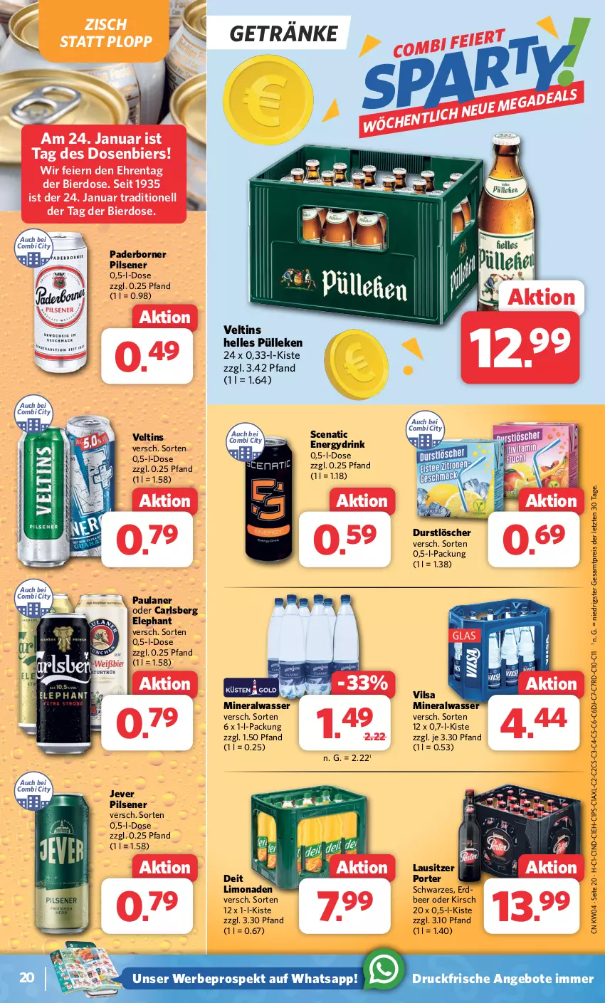 Aktueller Prospekt Combi - Prospekte - von 22.01 bis 27.01.2024 - strona 20 - produkty: Alwa, angebot, angebote, bier, carlsberg, deit, drink, durstlöscher, eier, eis, elle, getränk, getränke, jever, jever pilsener, kirsch, limo, limonade, limonaden, mineralwasser, Paula, paulaner, pils, pilsener, reis, Ti, veltins, vilsa, wasser, ZTE