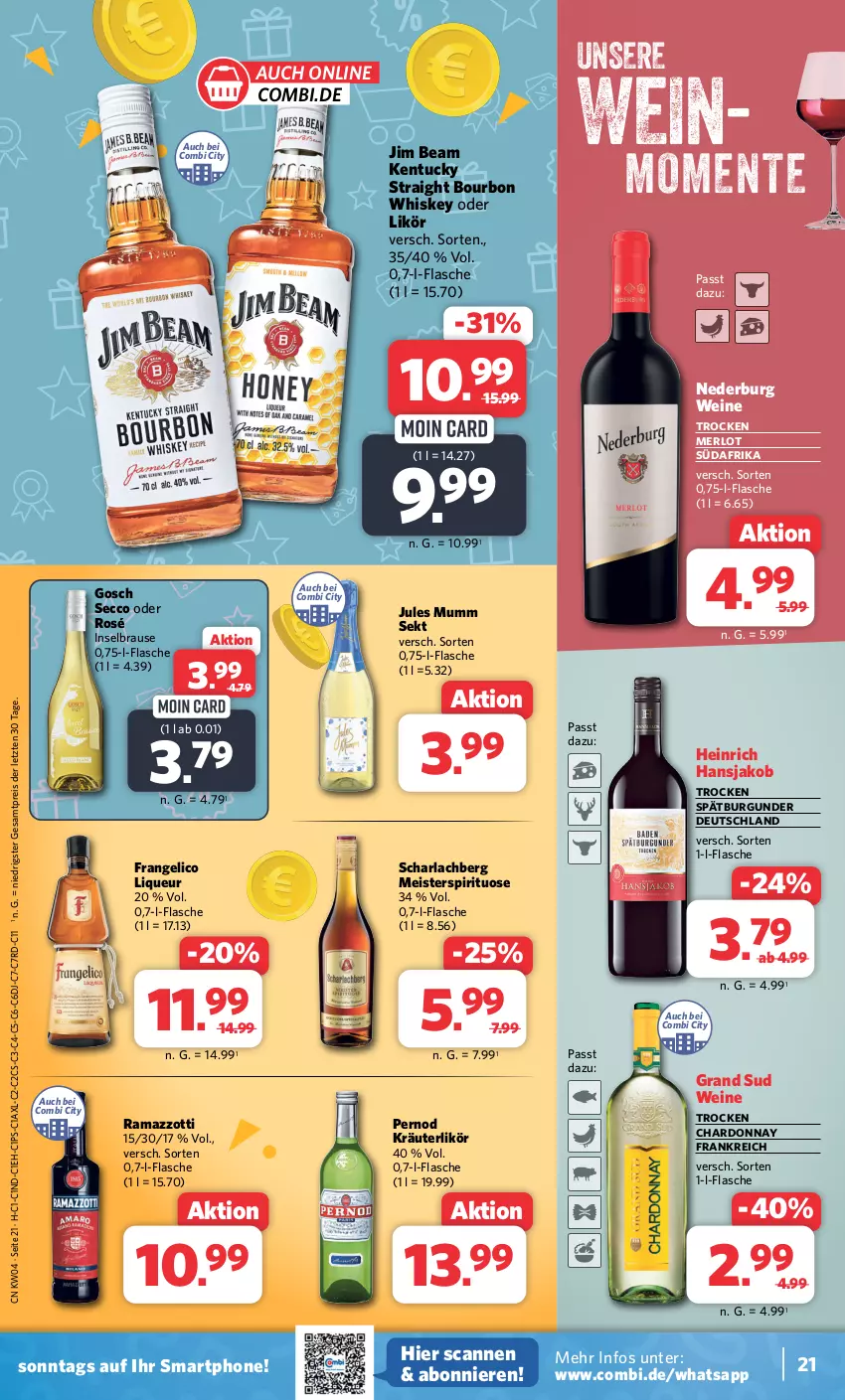 Aktueller Prospekt Combi - Prospekte - von 22.01 bis 27.01.2024 - strona 21 - produkty: arla, bourbon, bourbon whiskey, brause, burgunder, chardonnay, ecco, eis, ente, flasche, frangelico, grand sud, jako, jim beam, jules mumm, kentucky straight, kräuter, kräuterlikör, likör, liqueur, Meister, merl, merlot, mumm, nederburg, rama, ramazzott, ramazzotti, reis, sekt, smartphone, spätburgunder, Ti, tuc, wein, weine, whiskey, zott, ZTE