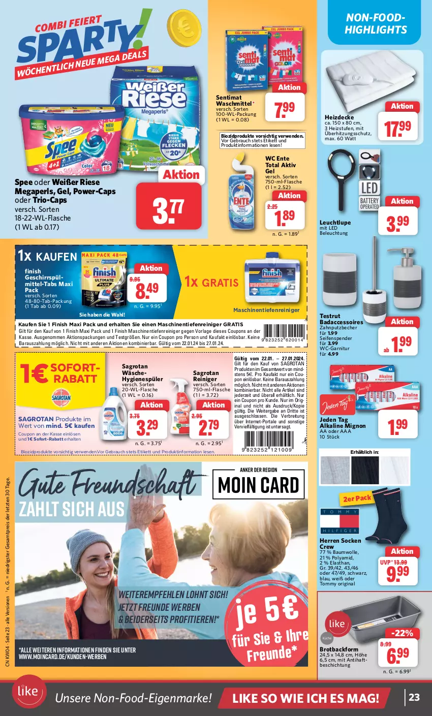 Aktueller Prospekt Combi - Prospekte - von 22.01 bis 27.01.2024 - strona 23 - produkty: ACC, accessoires, aktiv gel, Backform, Bad, Bau, baumwolle, Becher, beleuchtung, bio, biozidprodukte, Brei, brot, Cap, coupon, coupons, decke, eis, ente, Finish, flasche, garnitur, geschirr, geschirrspülmittel, gin, megaperls, Rauch, reiniger, reis, rwe, sagrotan, Seife, seifenspender, socken, sofort-rabatt, sofortrabatt, spee, spülmittel, Ti, Tiere, überhitzungsschutz, waschmittel, wc ente, wc-garnitur, wolle, ZTE