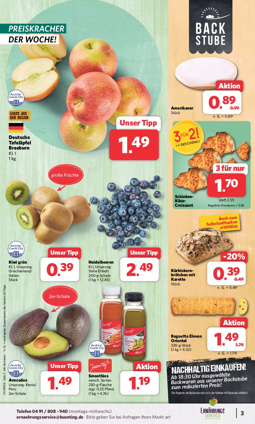 Aktueller Prospekt Combi - Prospekte - von 22.01 bis 27.01.2024 - strona 3 - produkty: angebot, angebote, avocado, avocados, baguette, beere, beeren, brötchen, Croissant, eis, flasche, früchte, heidelbeere, heidelbeeren, Käse, kiwi, kracher, Kürbis, reis, Schal, Schale, schinken, smoothie, smoothies, stube, tafeläpfel, telefon, Ti, uhr, ZTE