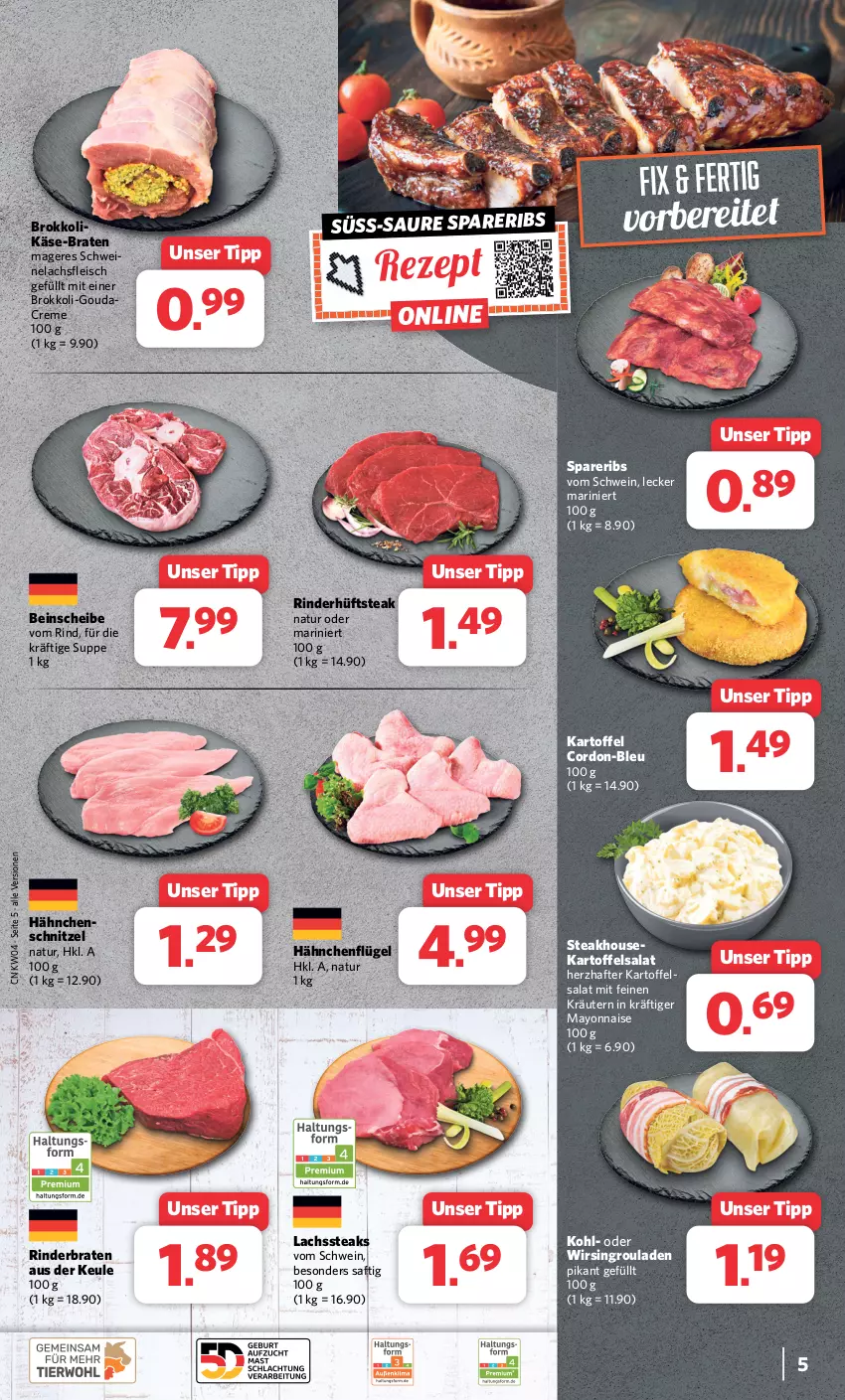 Aktueller Prospekt Combi - Prospekte - von 22.01 bis 27.01.2024 - strona 5 - produkty: braten, brokkoli, creme, eis, fleisch, gouda, hähnchenflügel, hüftsteak, kartoffel, kartoffelsalat, Käse, kräuter, kräutern, lachs, mayonnaise, natur, rezept, rind, rinder, rinderbraten, rouladen, saft, salat, schnitzel, schwein, schweine, Schweinelachs, spareribs, steak, steaks, suppe, Ti, wein, weine, Wirsing, Yo