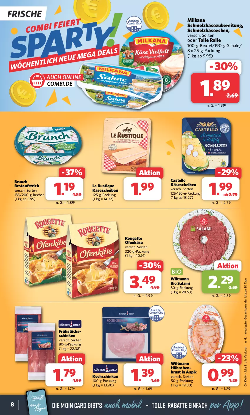 Aktueller Prospekt Combi - Prospekte - von 22.01 bis 27.01.2024 - strona 8 - produkty: aufstrich, Becher, beutel, bio, brot, brotaufstrich, eis, hähnchenbrust, Käse, käsescheiben, kochschinken, Le Rustique, milka, milkana, Ofen, Ofenkäse, reis, rouge, rougette, salami, Schal, Schale, schinken, Schmelzkäse, schmelzkäsezubereitung, Ti, wiltmann, ZTE