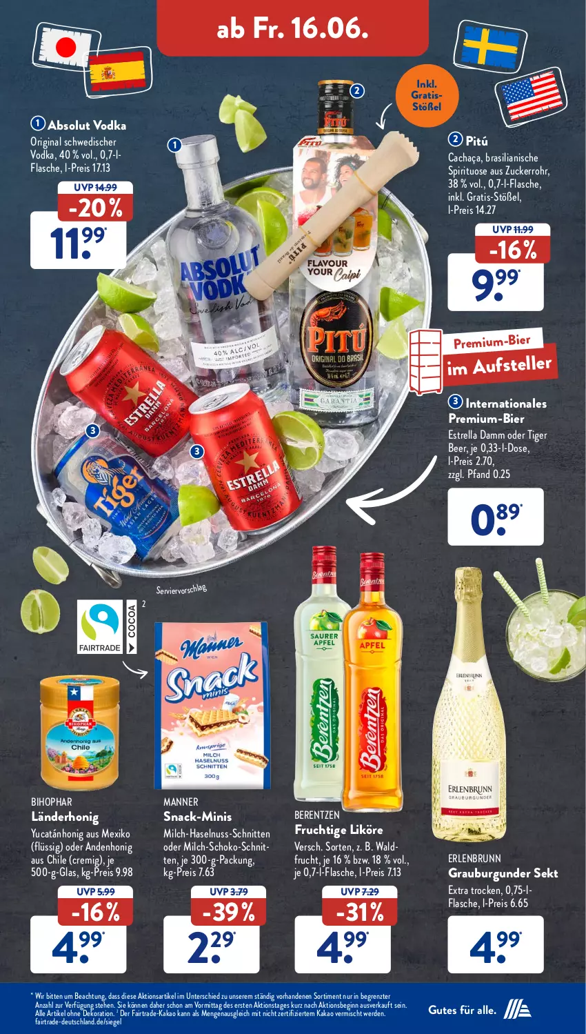 Aktueller Prospekt AldiSud - NÄCHSTE WOCHE - von 12.06 bis 17.06.2023 - strona 35 - produkty: Absolut Vodka, alle artikel ohne dekoration, berentzen, bier, bihophar, burgunder, cachaça, dekoration, eis, elle, erde, Estrella Damm, flasche, frucht, gin, grauburgunder, haselnuss, honig, kakao, likör, Manner, milch, nuss, reis, rel, schnitten, schoko, sekt, snack, teller, Ti, vodka, ZTE, zucker