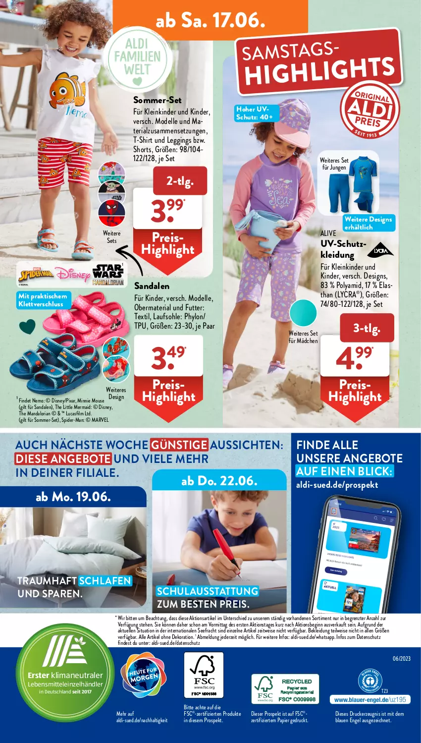 Aktueller Prospekt AldiSud - NÄCHSTE WOCHE - von 12.06 bis 17.06.2023 - strona 39 - produkty: aldi, alle artikel ohne dekoration, angebot, angebote, dekoration, dell, disney, drucker, eis, elle, Engel, gin, Hylo, kerze, Kinder, kleid, Kleidung, lebensmittel, leggings, LG, Mode, papier, reis, Ria, sandale, sandalen, shirt, shorts, spider-man, T-Shirt, Ti, tisch, uv-schutz, ZTE