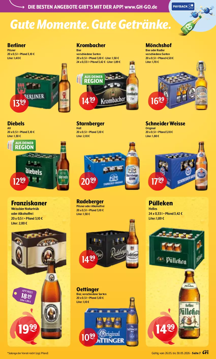 Aktueller Prospekt Getraenke Hoffmann - Prospekte - von 26.05 bis 30.05.2026 - strona 7 - produkty: alkohol, angebot, angebote, Berger, berliner, bier, diebels, eis, elle, ente, franziskaner, getränk, getränke, gin, krombache, krombacher, mönchshof, natur, oder radler, oettinger, pils, pilsner, radeberger, radeberger pilsner, radler, Ti, weissbier