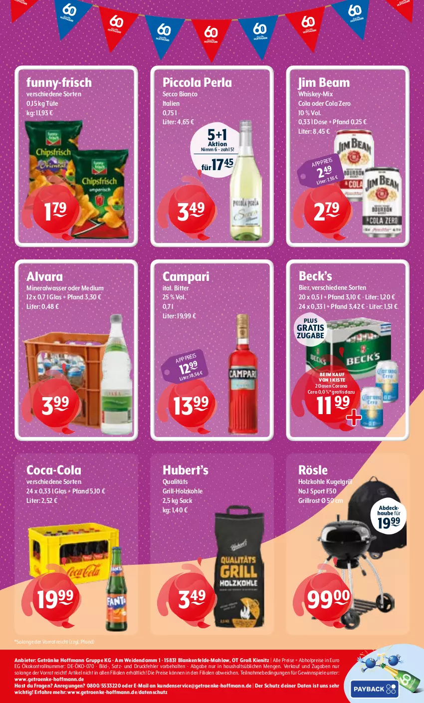 Aktueller Prospekt Getraenke Hoffmann - Prospekte - von 26.05 bis 30.05.2026 - strona 8 - produkty: abholpreise, Alwa, bier, campari, coca-cola, cola, corona, ecco, eis, funny-frisch, getränk, getränke, gewinnspiel, grill, grill-holzkohle, grillrost, Holz, holzkohle, jim beam, Kugel, kugelgrill, LG, mineralwasser, perla, reis, rösle, sac, Spiele, Sport, Ti, Tüte, wasser, whiskey