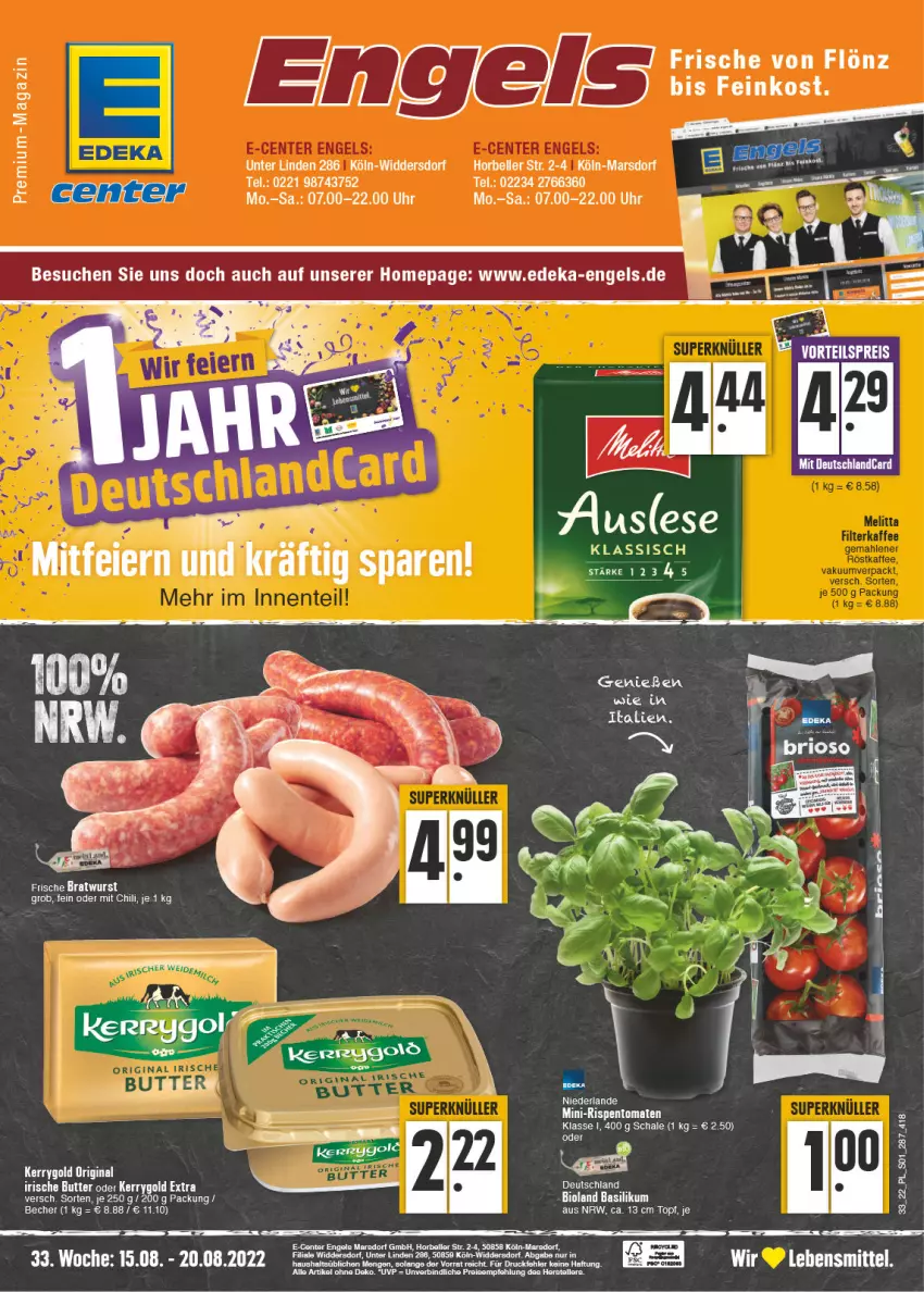 Aktueller Prospekt E Center - Angebote der Woche - von 15.08 bis 20.08.2022 - strona 1 - produkty: basilikum, Becher, bett, bio, bioland, bratwurst, chili, eis, elle, Engel, ente, gin, kerrygold, lebensmittel, magazin, mars, mini-rispentomaten, reis, reiss, rel, rispentomaten, rwe, Schal, Schale, teller, Ti, Tiere, tomate, tomaten, topf, uhr, wurst