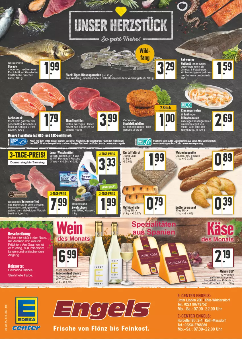 Aktueller Prospekt E Center - Angebote der Woche - von 15.08 bis 20.08.2022 - strona 16 - produkty: aldi, aqua, baguette, braten, brot, butter, Croissant, dell, eier, elle, feinkost, filet, fisch, flasche, frikadellen, frucht, früchte, früchten, garnelen, Geflügel, kartoffel, Kartoffelbrot, küche, Küchen, lachs, lack, lenor, lenor waschmittel, mac, mars, milch, Mode, nuss, omega, Omega-3, riesengarnelen, sauce, schnitten, schwein, schweine, schweinefilet, steak, tee, thunfisch, Ti, uhr, waschmittel, wein, weine, Wild