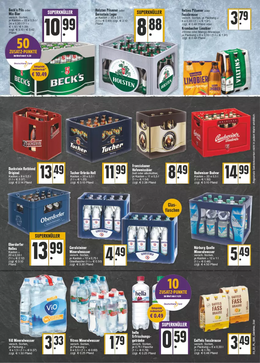 Aktueller Prospekt E Center - Angebote der Woche - von 15.08 bis 20.08.2022 - strona 9 - produkty: alkohol, Alwa, auer, bier, brause, budweiser, Duck, eis, elle, fassbrause, flasche, getränk, getränke, gin, glasflasche, Hefe, hella, holsten, holsten pilsener, kerze, krombache, krombacher, limo, Limobier, mango, maracuja, mineralwasser, pils, pilsener, tee, Ti, tuc, Tucher, veltins, veltins pilsener, wasser, weissbier, zitrone