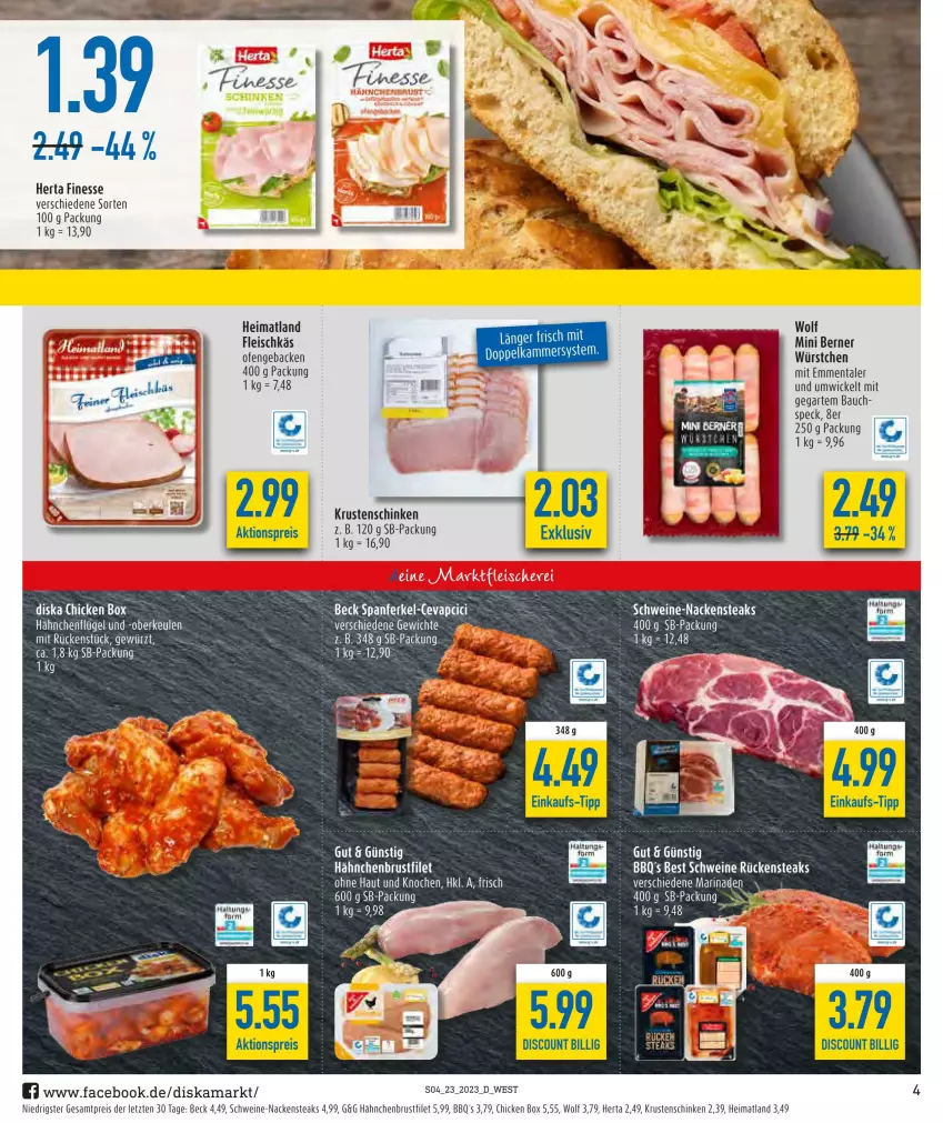 Aktueller Prospekt Diska - Prospekte - von 05.06 bis 10.06.2023 - strona 4 - produkty: aktionspreis, Bau, brustfilet, cevapcici, discount, eis, emmentaler, ente, filet, finesse, fleisch, geback, gewürz, hähnchenbrust, hähnchenbrustfilet, hähnchenflügel, herta, herta finesse, Krustenschinken, mab, marinade, Nackensteak, nackensteaks, Ofen, reis, schinken, schwein, schweine, Speck, steak, steaks, Ti, wein, weine, WICK, würstchen, ZTE