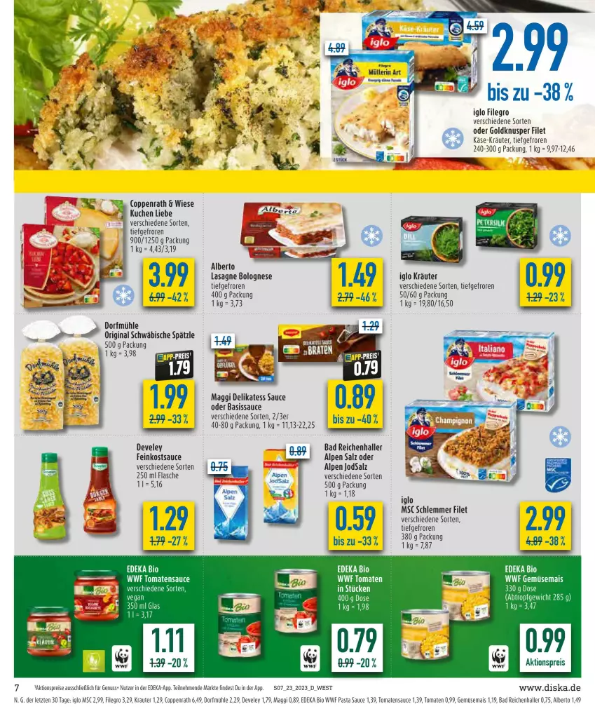 Aktueller Prospekt Diska - Prospekte - von 05.06 bis 10.06.2023 - strona 7 - produkty: aktionspreis, Bad, bio, bolognese, coppenrath, deka, delikatess sauce, develey, edeka bio, eis, feinkost, filegro, filet, flasche, gemüsemais, gin, iglo, Käse, kräuter, kuchen, lasagne, maggi, mais, nuss, pasta, Pasta Sauce, reis, salz, sauce, Ti, Tiere, tomate, tomaten, tomatensauce, ZTE