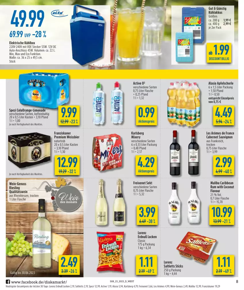 Aktueller Prospekt Diska - Prospekte - von 05.06 bis 10.06.2023 - strona 8 - produkty: akku, aktionspreis, apfel, Apfelschorle, auto, bier, cabernet, cabernet sauvignon, coconut, cola, discount, eis, flasche, franziskaner, freixenet, karlsberg, kühlakku, kühlakkus, kühlbox, limo, limonade, lorenz, Malibu, Mixer, mixery, natur, nuss, qualitätswein, reis, riesling, rum, saltletts, sauvignon, schorle, sekt, Spezi, Ti, wein, weissbier, ZTE