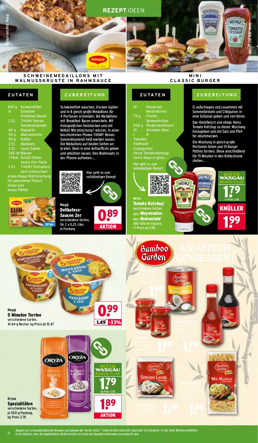 Aktueller Prospekt Wasgau - von 19.01 bis 24.01.2026 - strona 12 - produkty: angebot, auer, bacon, baguette, Becher, blume, blumen, blumenöl, braten, brötchen, burger, butter, chili, curry, eis, elle, erde, essig, filet, flasche, fleisch, gin, gurke, gurken, hackfleisch, heinz, Holz, je 250-g-packung, Käse, ketchup, kokos, kokosmilch, kopfsalat, kühlschrank, maggi, mayonnaise, medaillons, milch, nudel, nudeln, nuss, oryza, pfanne, pfeffer, reis, remoulade, rezept, rind, rinder, rinderhackfleisch, sahne, salat, salz, sauce, saucen, Schrank, schüssel, schwein, schweine, schweinefilet, Semmel, Semmelbrösel, senf, sonnenblume, sonnenblumen, sonnenblumenöl, Spezi, terrine, thomy, Ti, tisch, tomate, tomaten, tomatenketchup, tomato ketchup, walnuss, walnusskerne, wasser, wein, weine, Weißwein, WICK, Yo