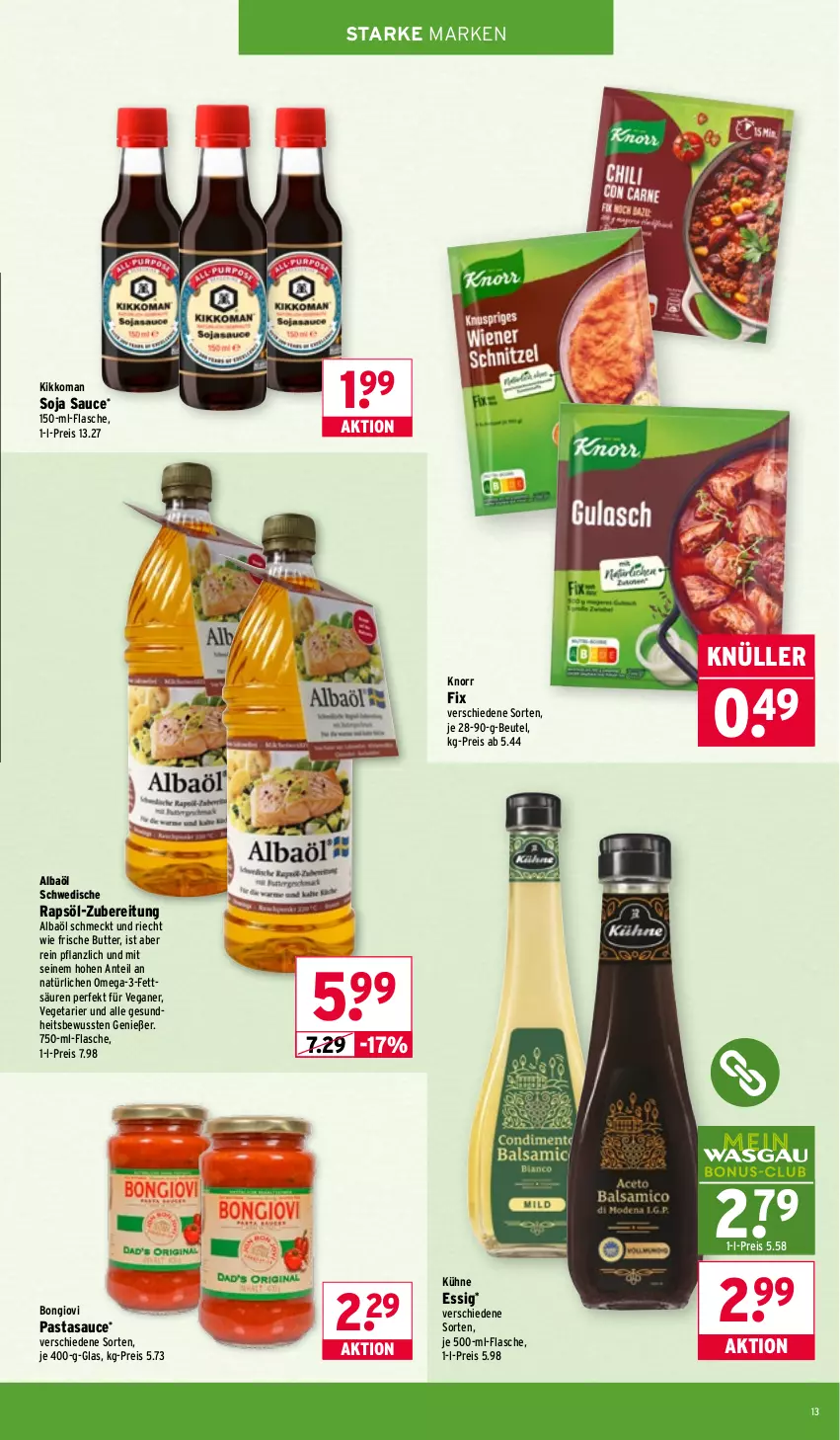 Aktueller Prospekt Wasgau - von 19.01 bis 24.01.2026 - strona 13 - produkty: beutel, butter, eis, essig, flasche, Gesundheit, je 500-ml-flasche, kikkoman, knorr, knorr fix, Kühne, omega, Omega-3, pasta, rapsöl, reis, sauce, soja, Ti, Vegeta