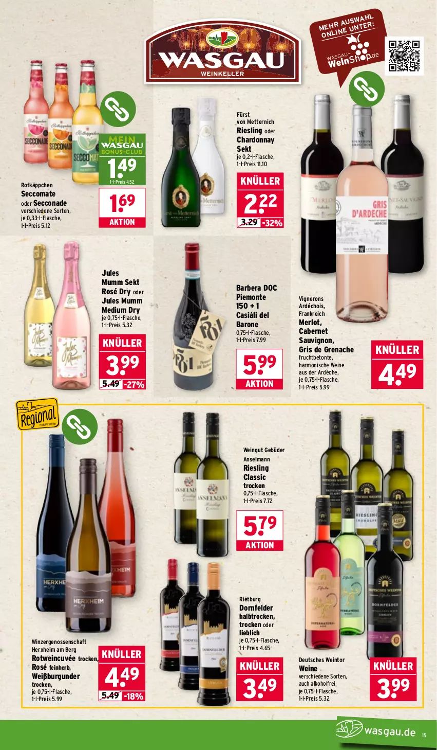 Aktueller Prospekt Wasgau - von 19.01 bis 24.01.2026 - strona 15 - produkty: alkohol, burgunder, cabernet, cabernet sauvignon, chardonnay, cuvée, dornfelder, ecco, eis, flasche, frucht, fürst von metternich, jules mumm, merl, merlot, Mett, metternich, monte, mumm, nero, reis, riesling, rotkäppchen, rotwein, sauvignon, sekt, Ti, wein, weine, Weißburgunder