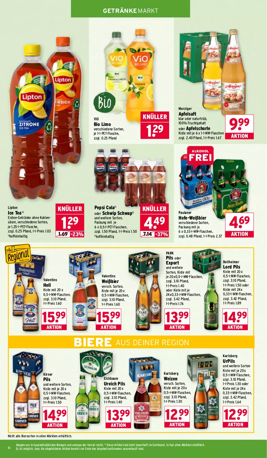 Aktueller Prospekt Wasgau - von 19.01 bis 24.01.2026 - strona 16 - produkty: alkohol, angebot, apfel, apfelsaft, Apfelschorle, auer, Bau, bier, Biere, bio, bio limo, cola, eimer, eis, eistee, flasche, frucht, getränk, getränke, Hefe, ice tea, karlsberg, limo, lipton, lipton ice tea, mw-flasche, natur, Paula, paulaner, pepsi, Pepsi Cola, pet-flasche, pet-flaschen, pils, reis, saft, schorle, Schwip Schwap, tee, Ti, vio bio limo