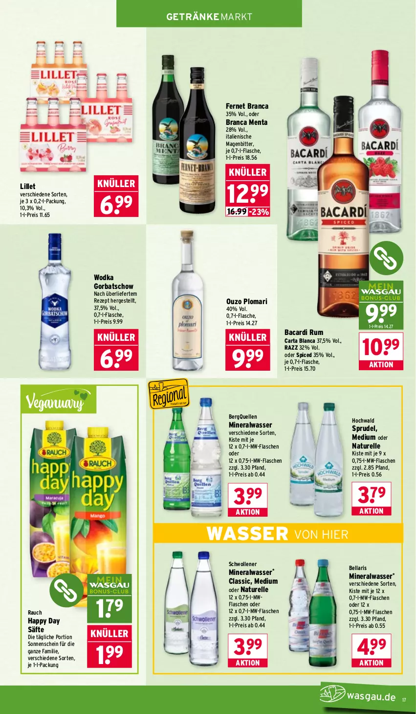 Aktueller Prospekt Wasgau - von 19.01 bis 24.01.2026 - strona 17 - produkty: Alwa, bacardi, bacardi rum, eis, elle, Fernet, fernet branca, flasche, getränk, getränke, Gorbatschow, Happy Day, hochwald, lillet, mineralwasser, mw-flasche, natur, ouzo, Rauch, reis, rel, rezept, rum, säfte, Sprudel, Ti, wasser, wodka, wolle